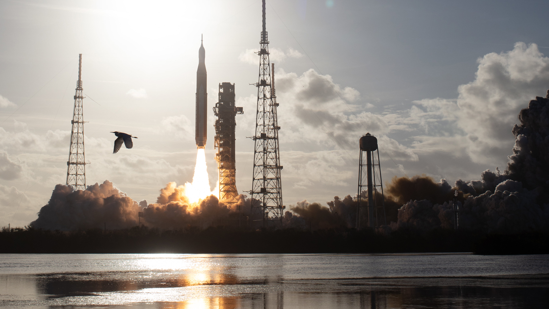 NASA's Space Launch System rocket carrying the Orion spacecraft with NASA astronauts Reid Wiseman, Commander; Victor Glover, pilot; Christina Koch, mission specialist; and CSA (Canadian Space Agency) astronaut Jeremy Hansen, mission specialist aboard the Artemis II mission launches