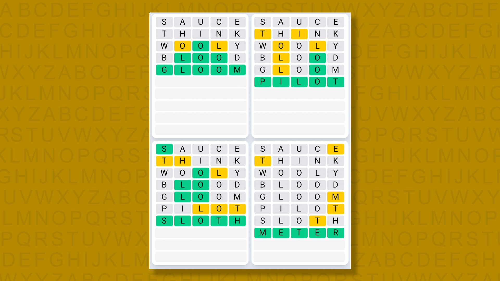 Quordle Daily Sequence answers for game 1532 on yellow background
