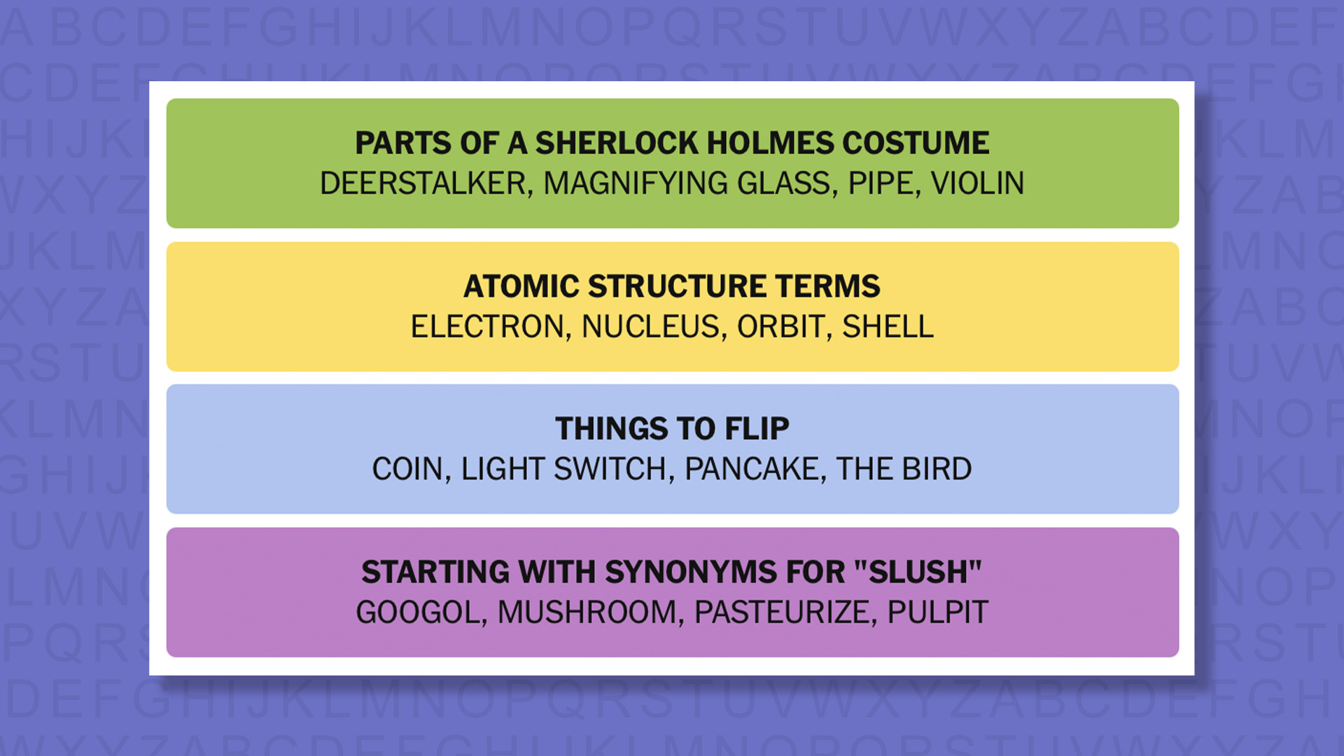 NYT Connections answers for game 1029 on purple background