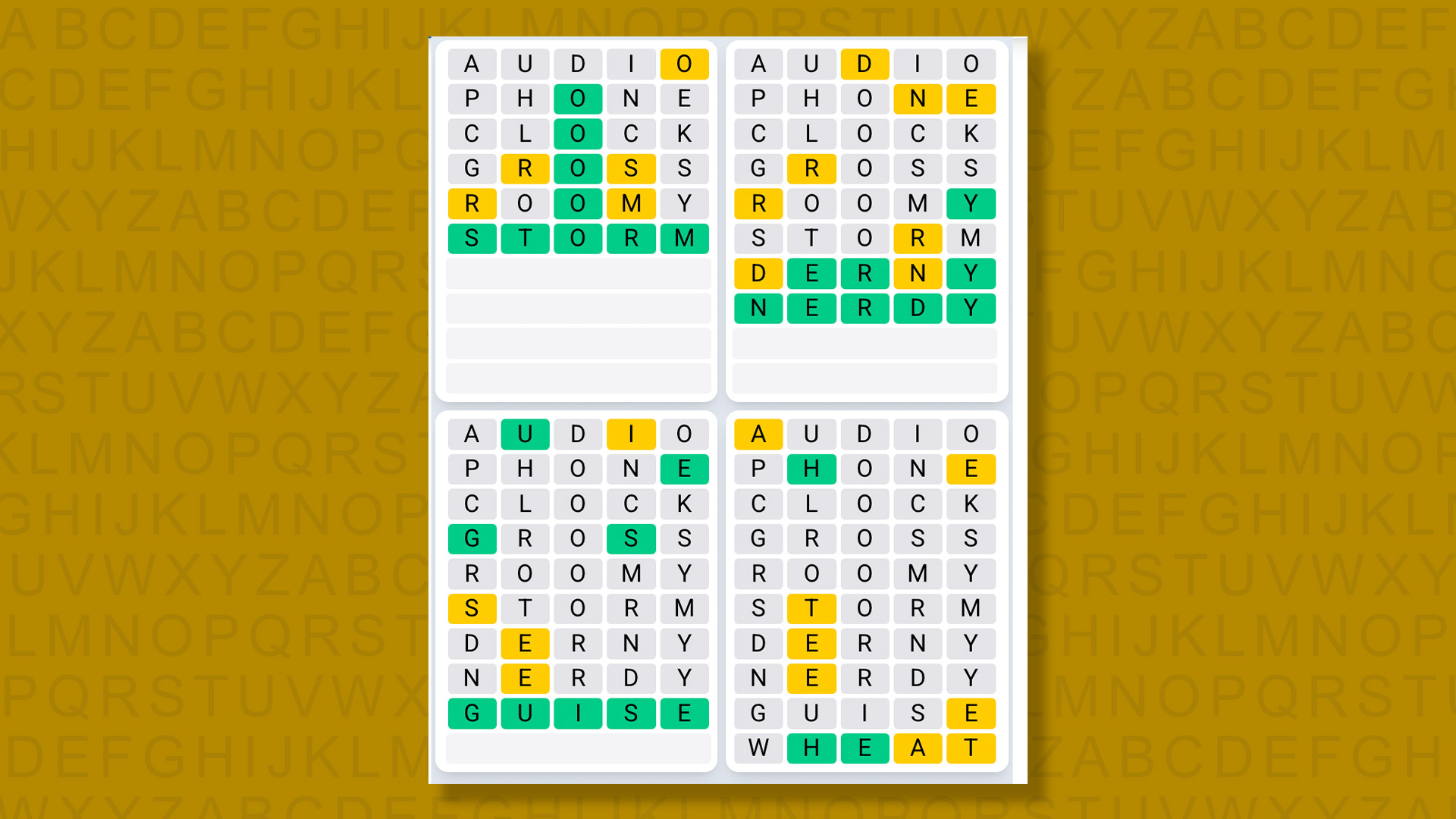 Quordle Daily Sequence answers for game 1533 on yellow background