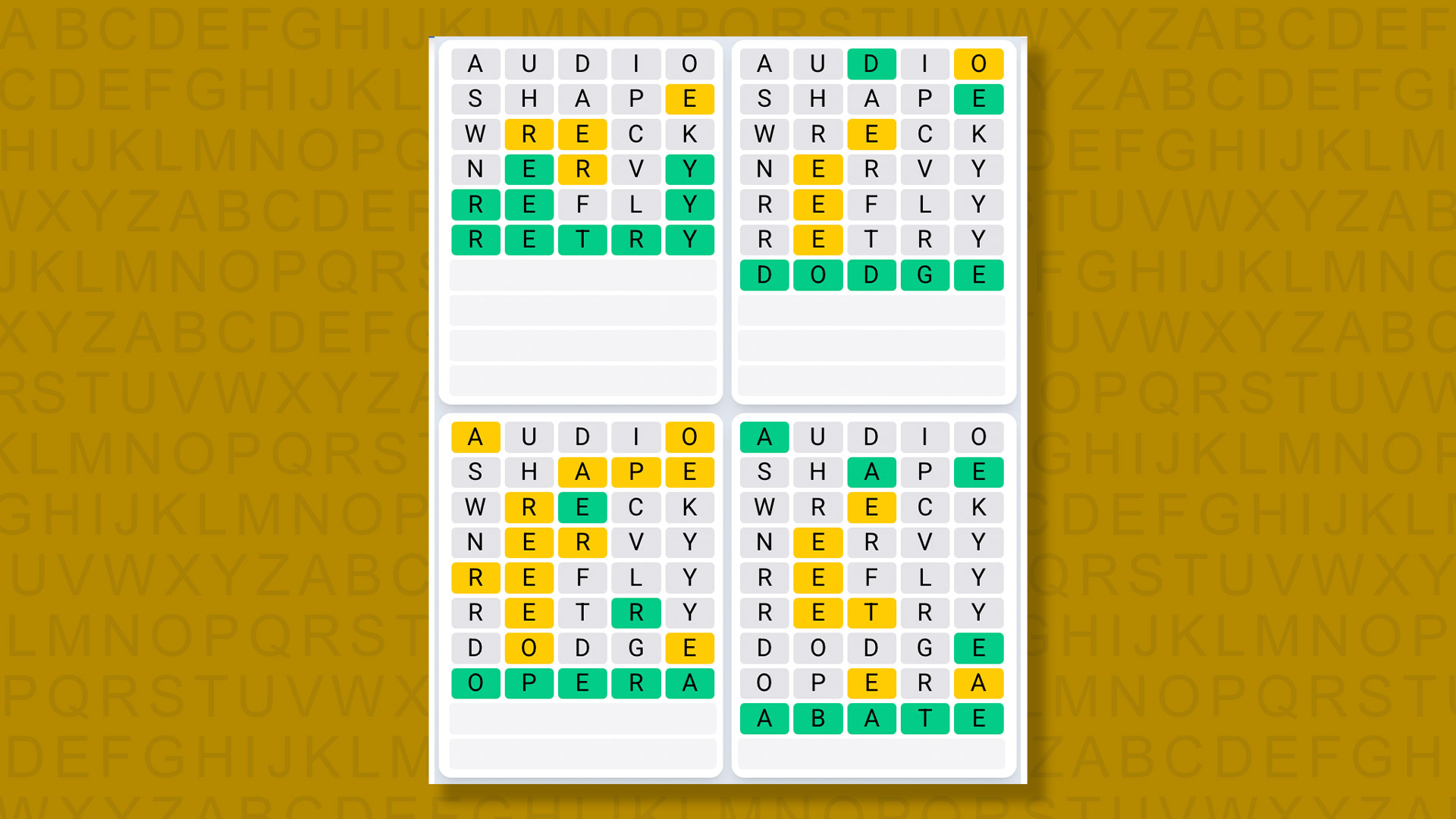 Quordle Daily Sequence answers for game 1534 on yellow background