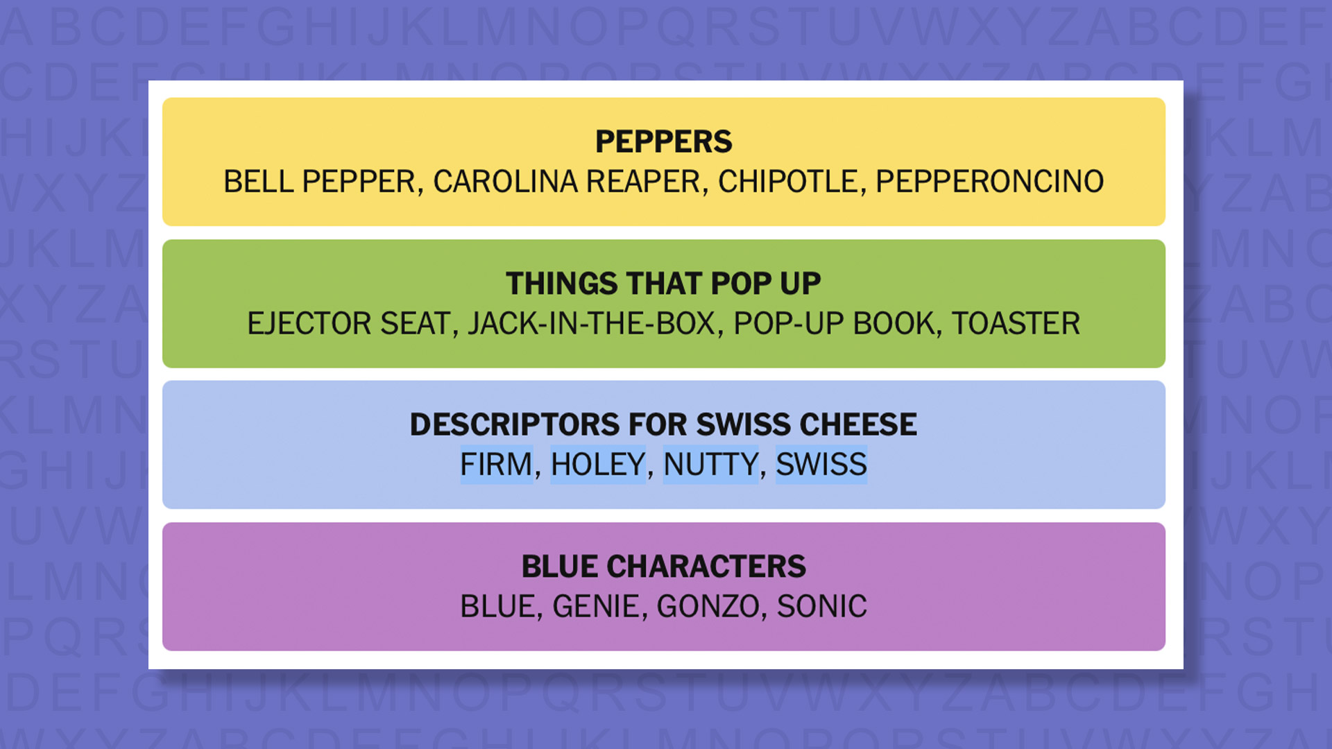 NYT Connections answers for game 1034 on purple background