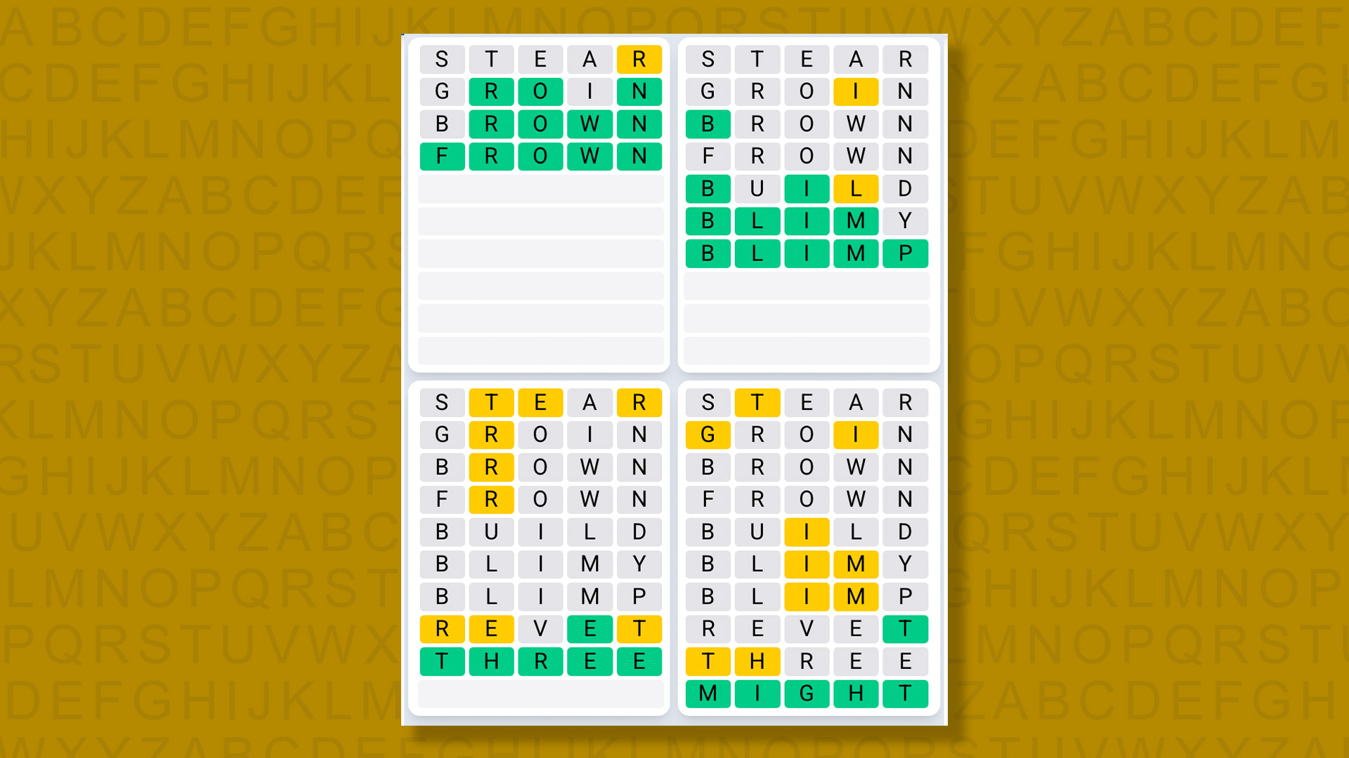 Quordle Daily Sequence answers for game 1537 on yellow background