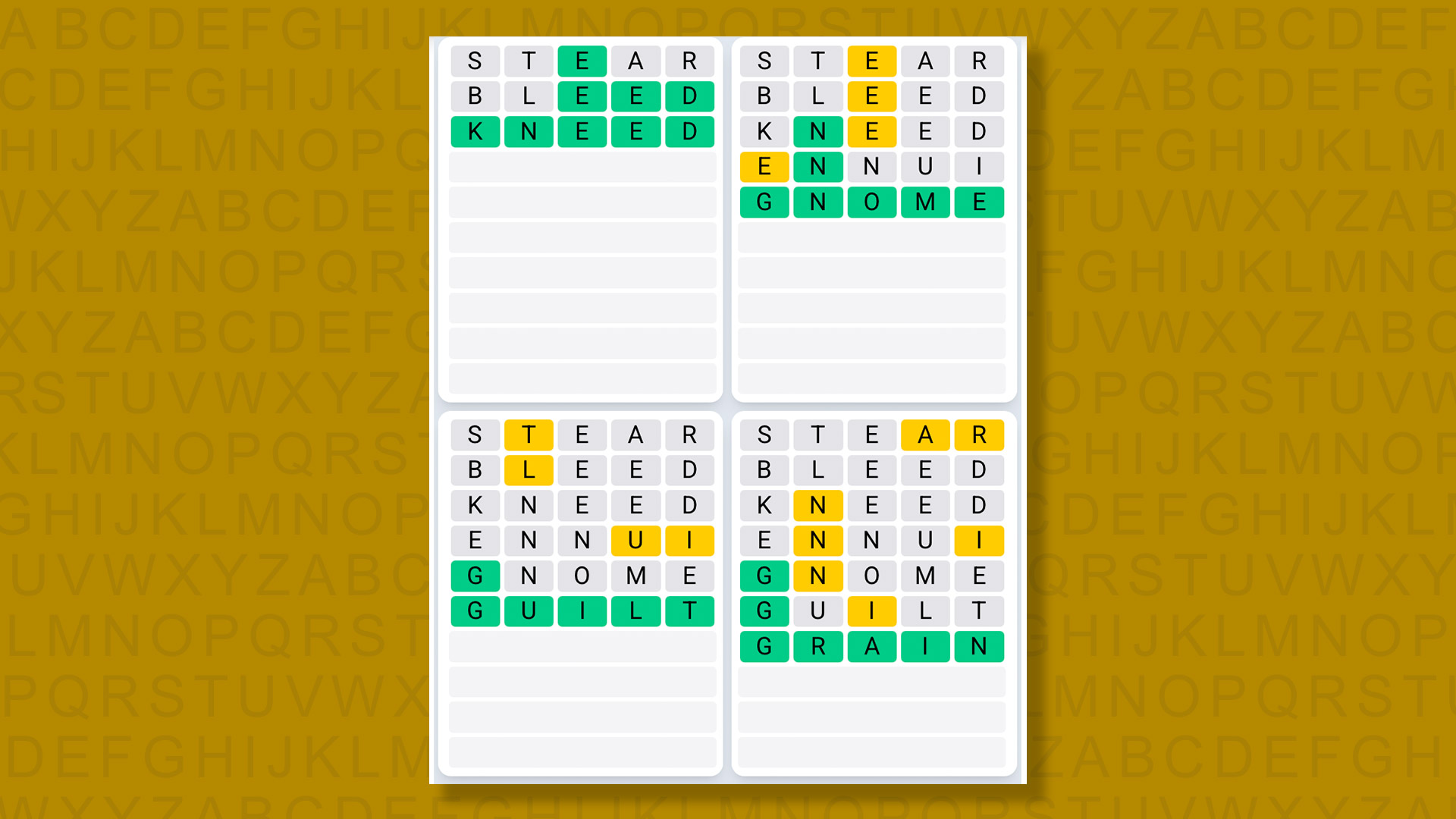Quordle Daily Sequence answers for game 1538 on yellow background