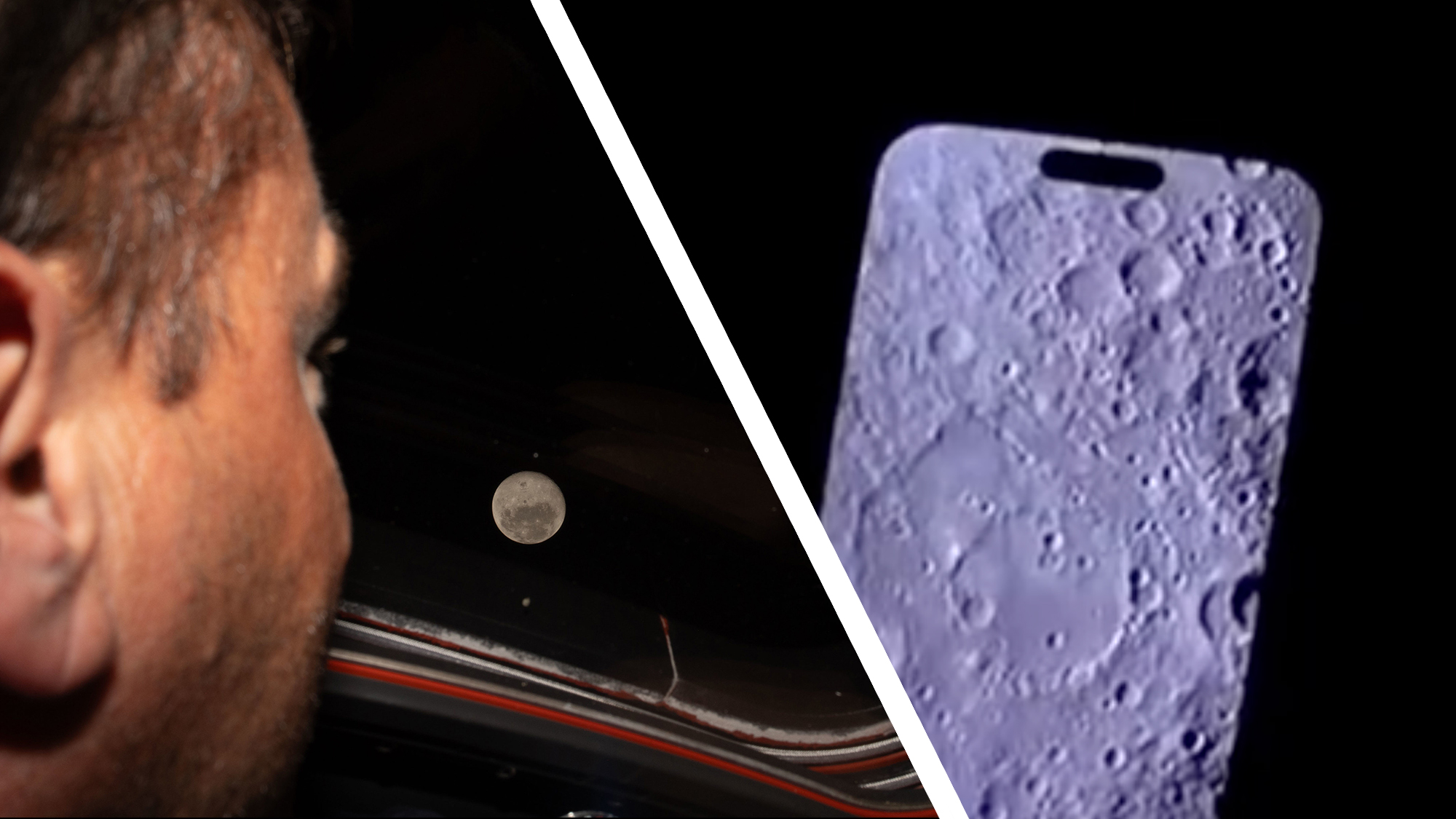 An Artemis II astronaut looking out the window at the moon, next to an iPhone showing a photo of the moon's surface.