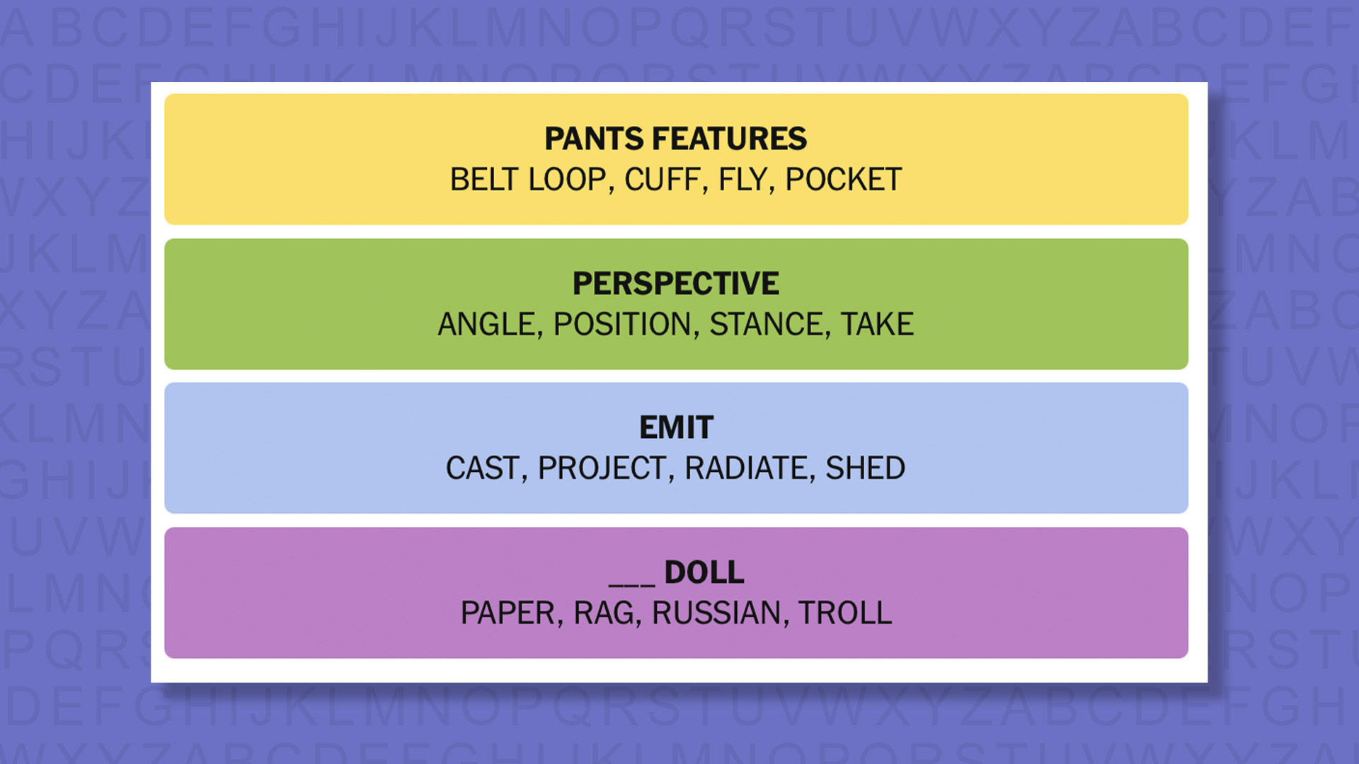 NYT Connections answers for game 1036 on purple background