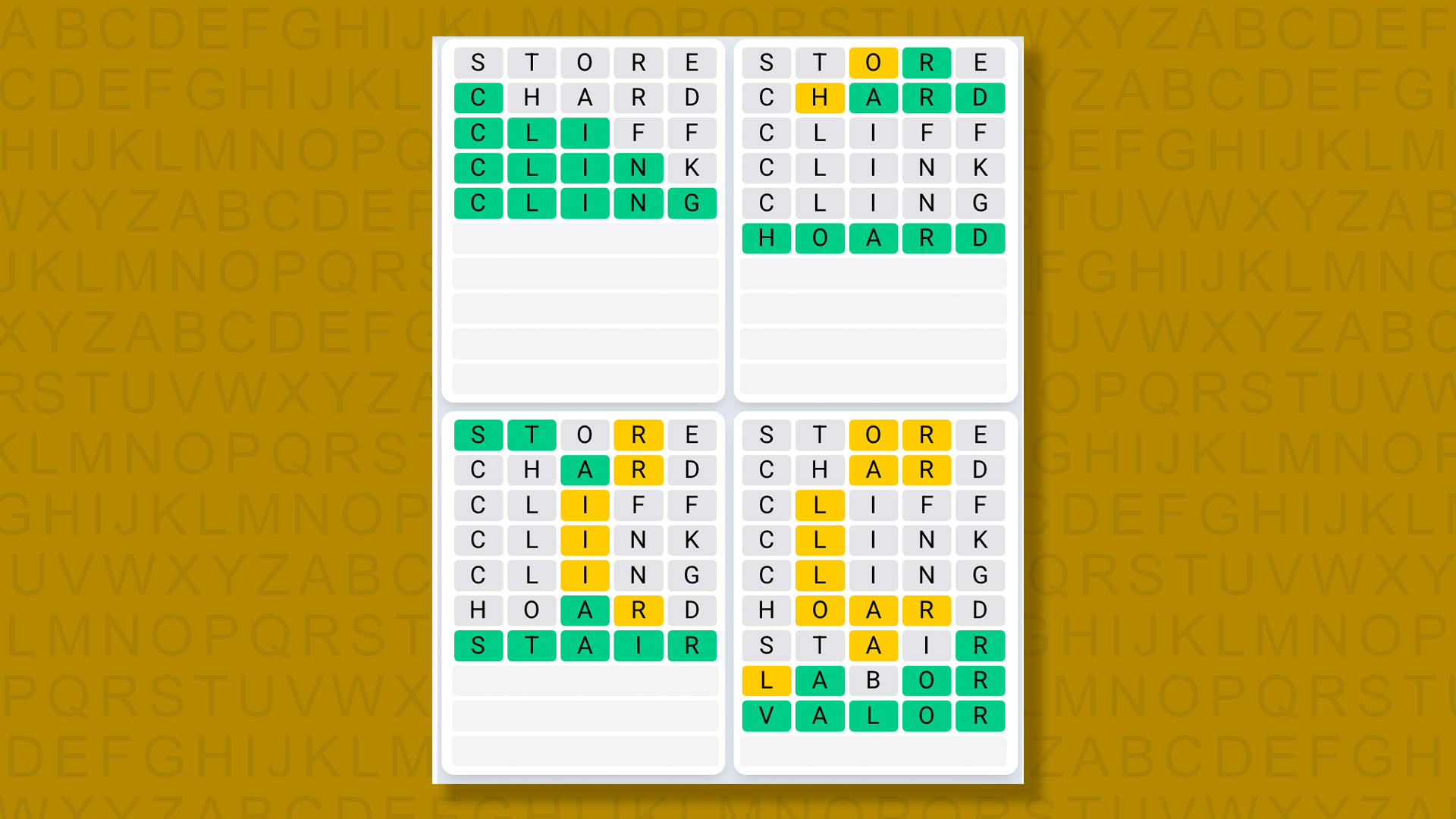 Quordle Daily Sequence answers for game 1539 on yellow background