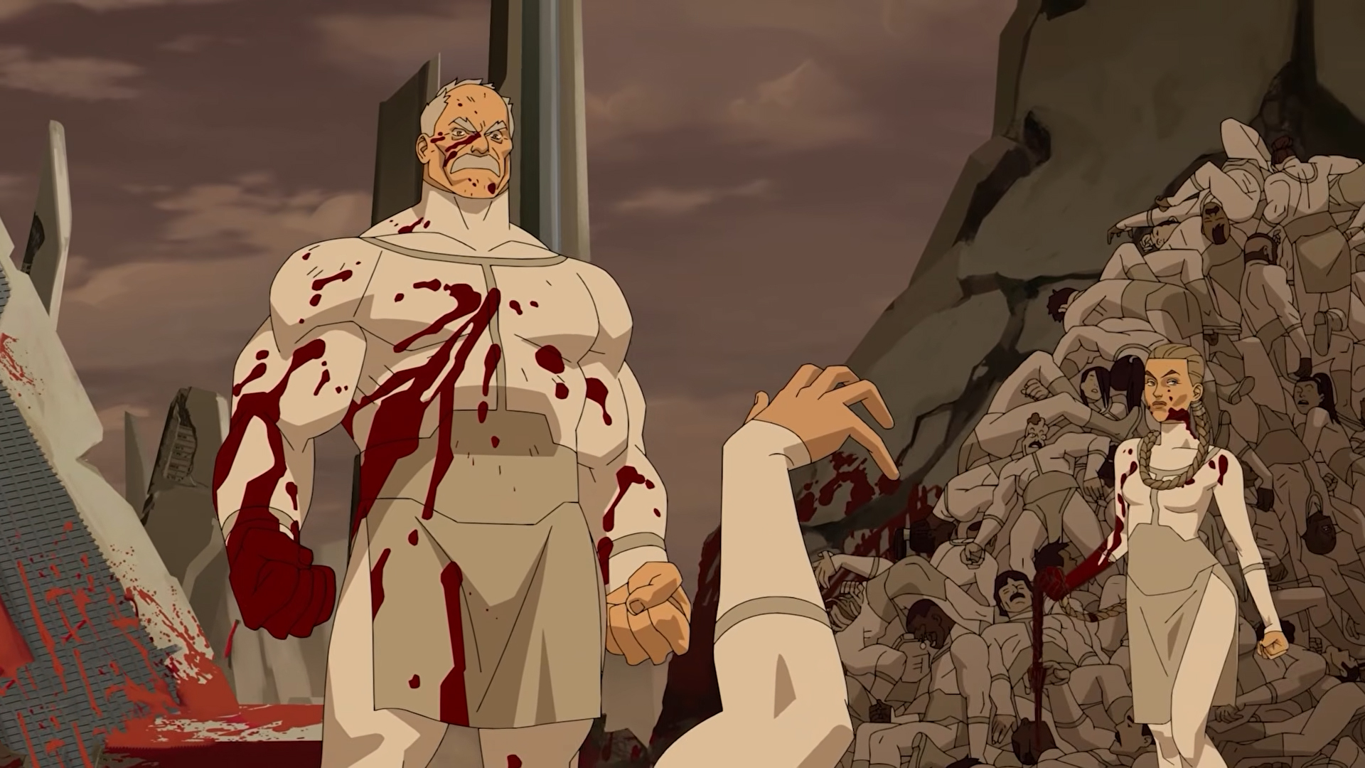A bloodied Conquest standing near a pile of bodies in episode 7 of season 4 of Invincible