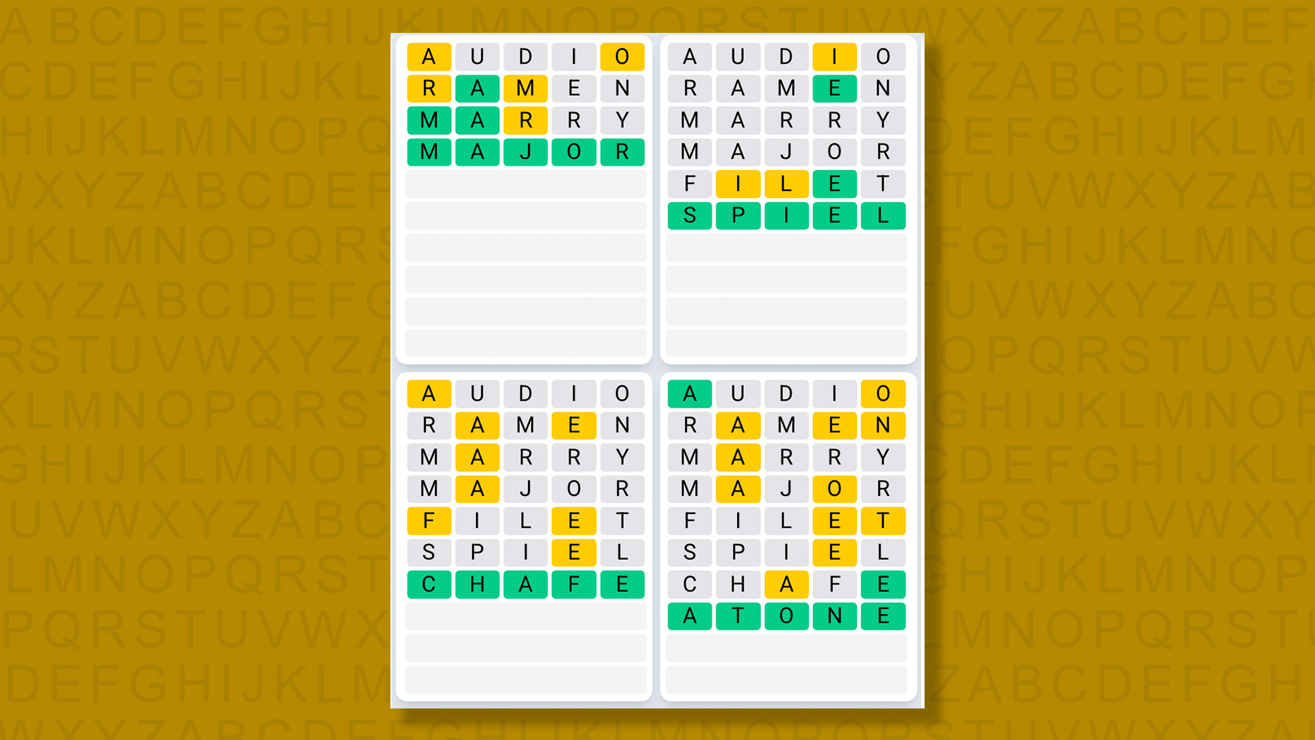 Quordle Daily Sequence answers for game 1543 on yellow background