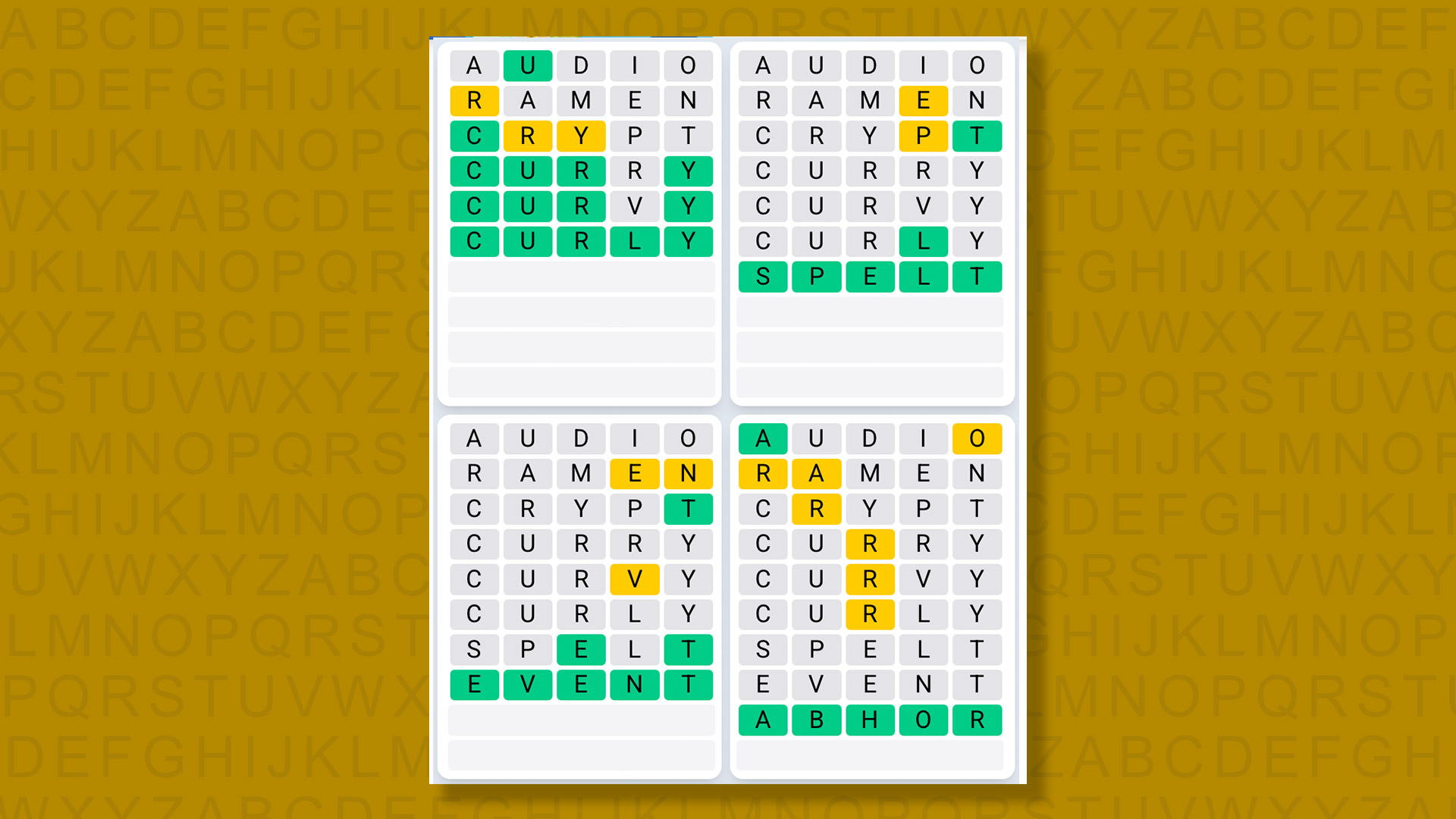 Quordle Daily Sequence answers for game 1544 on yellow background