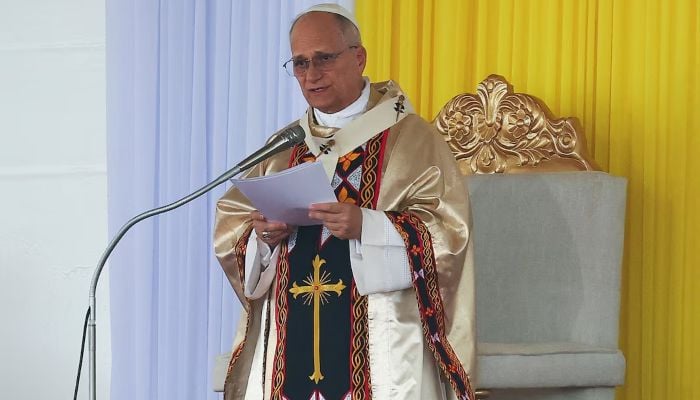 Pope Leo XIV celebrates a mass for peace and justice at Bamenda airport, Cameroon, April 16, 2026. — Reuters