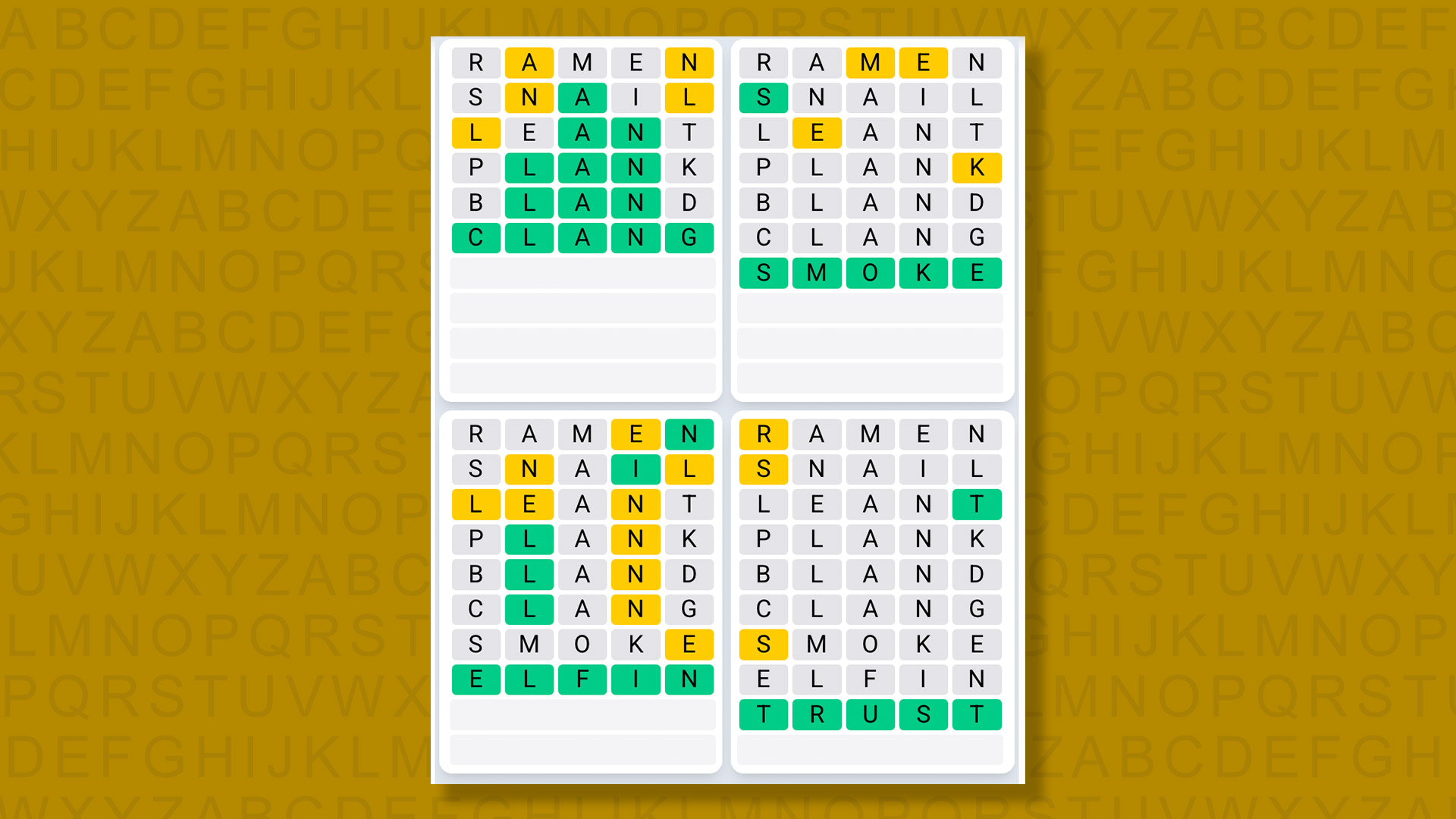Quordle Daily Sequence answers for game 1545 on yellow background