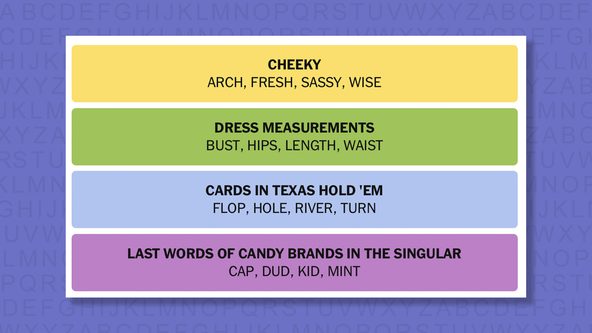 NYT Connections answers for game 1043 on purple background