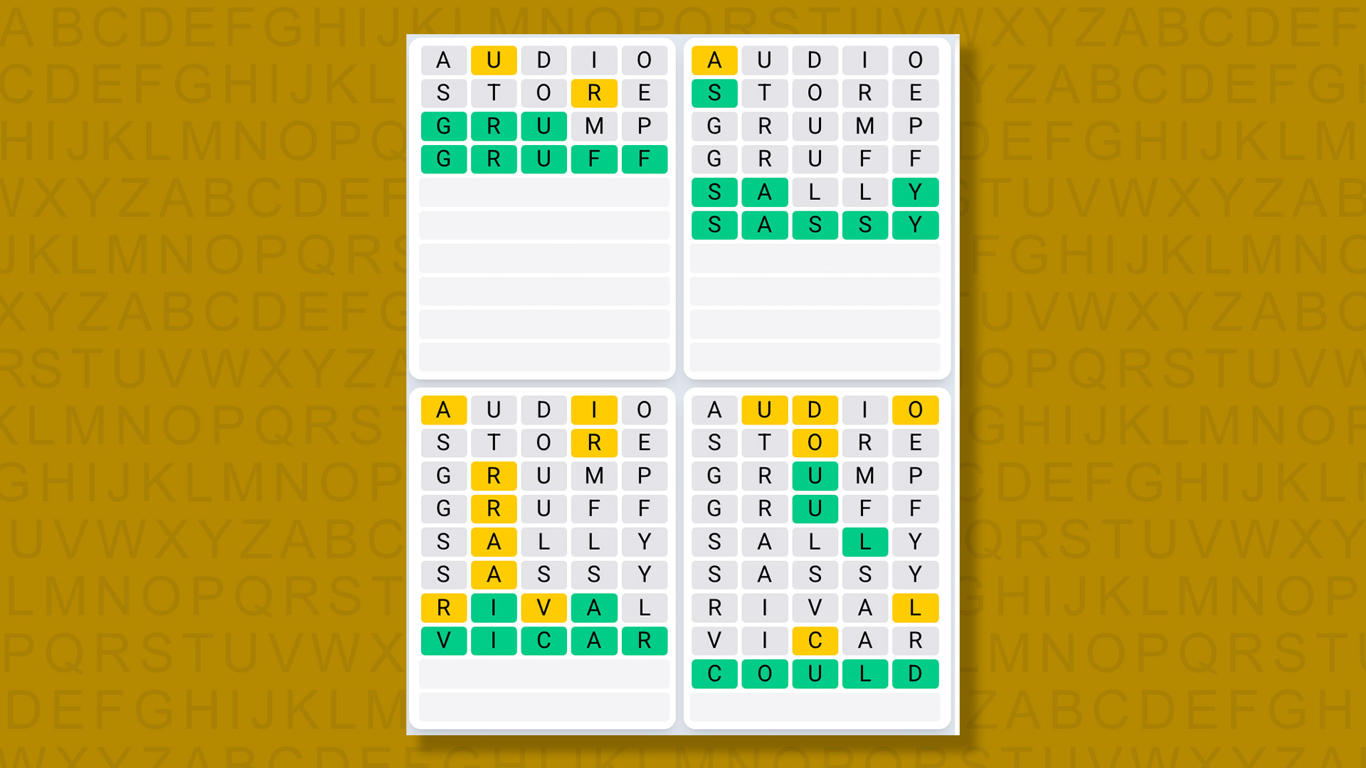 Quordle Daily Sequence answers for game 1546 on yellow background