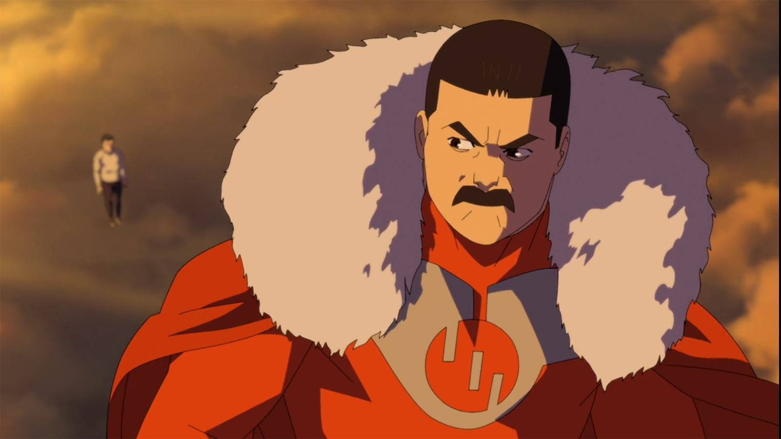 A close-up of Grand Regent Thragg looking at Mark in episode 8 of season 4 of Invincible