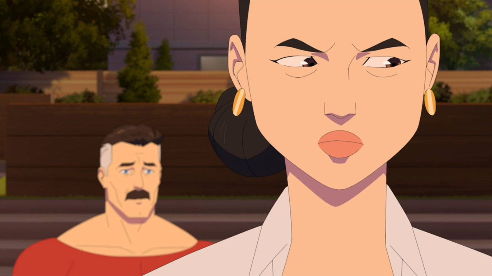 Debbie looks thoughtful while Nolan looks sad behind her in Invincible Season 4 Episode 8