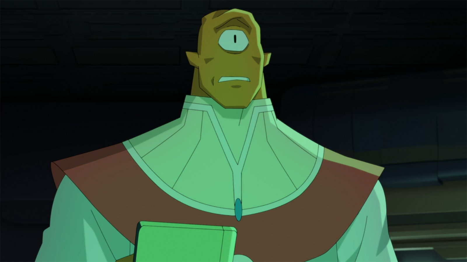 Aleen grimacing as he holds a tablet and watches the Bane Virus off-camera in Invincible Season 4 Episode 8.