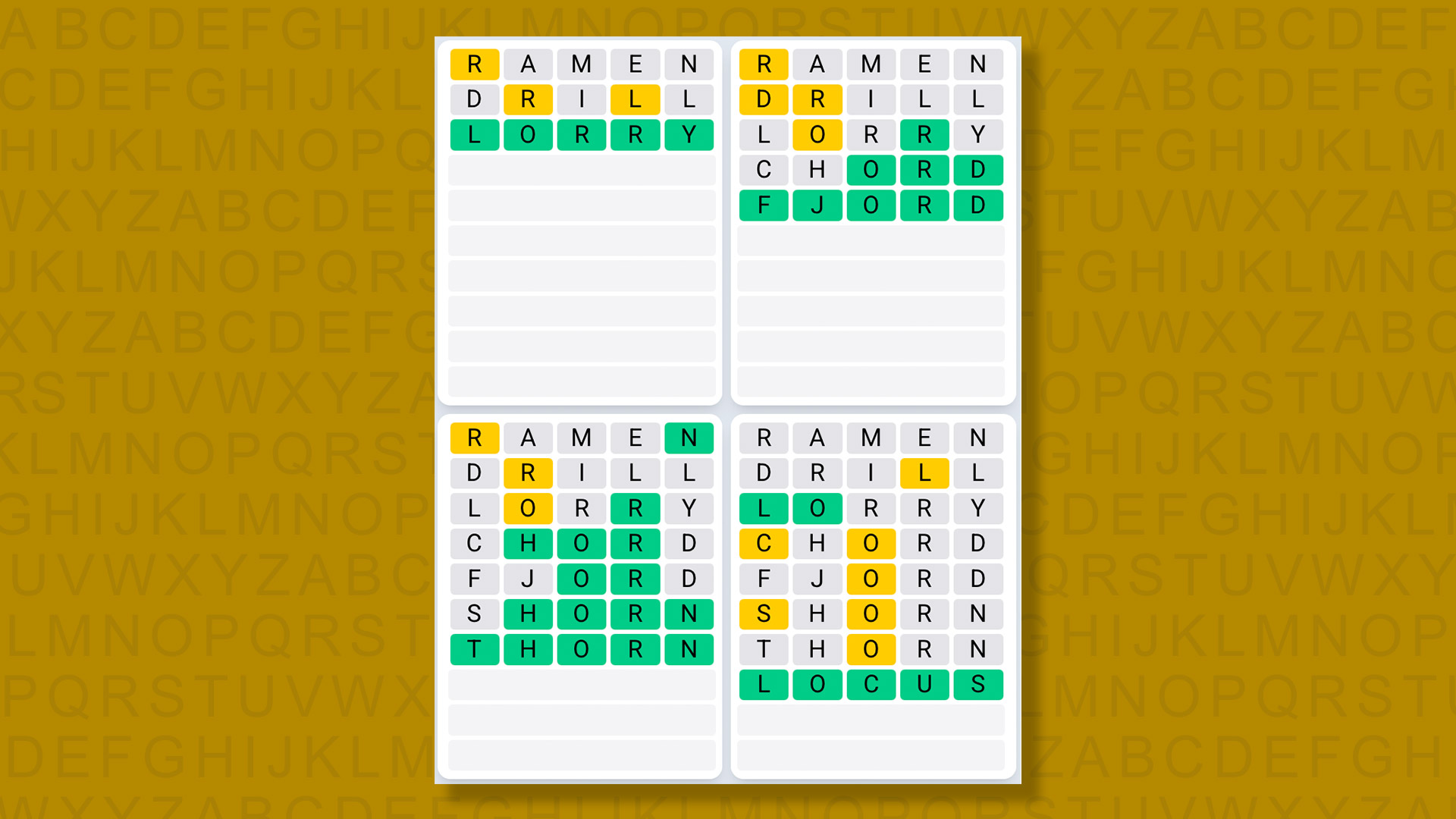 Quordle Daily Sequence answers for game 1551 on yellow background