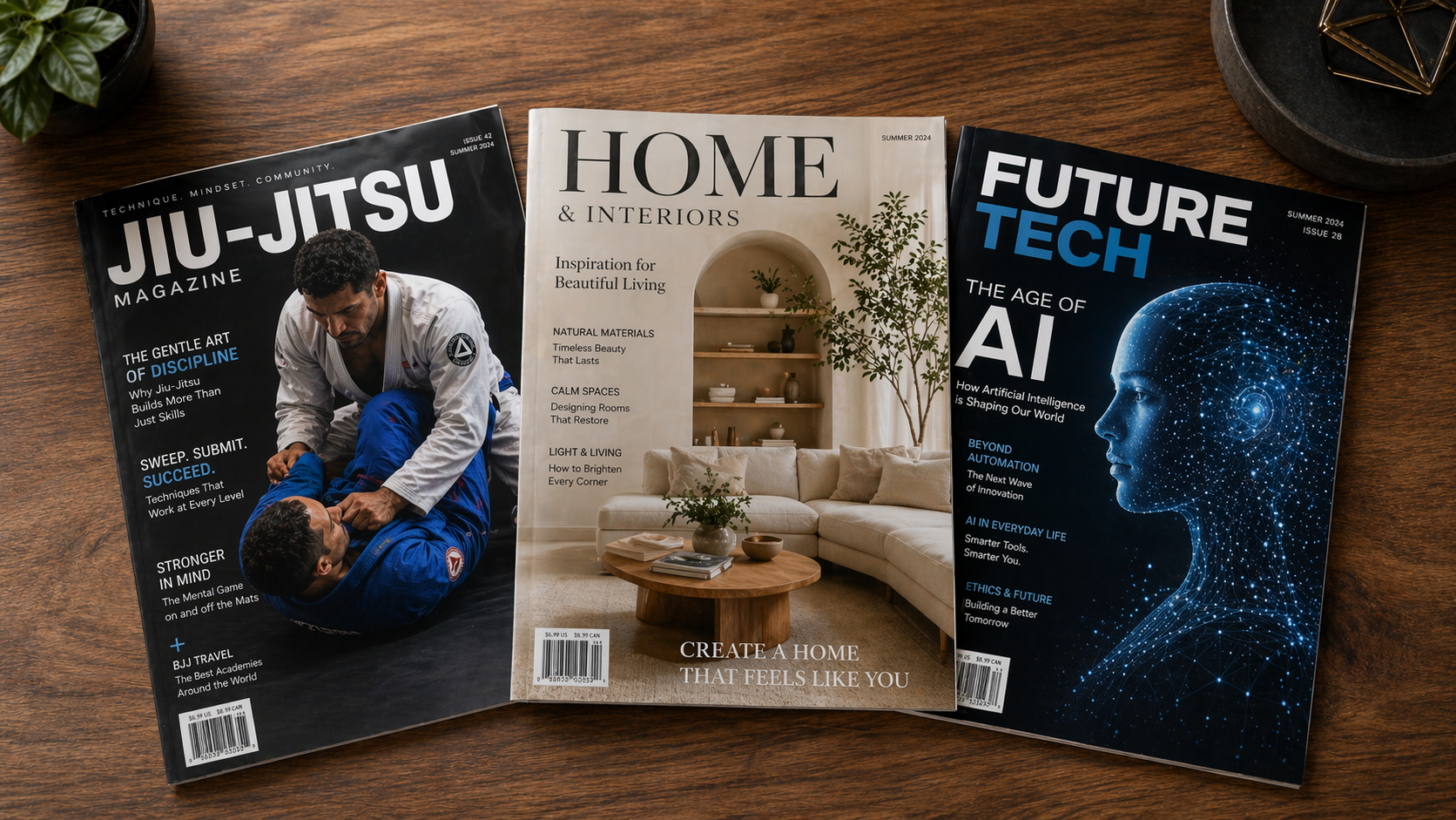 Ai-generated image of three magazines on a table