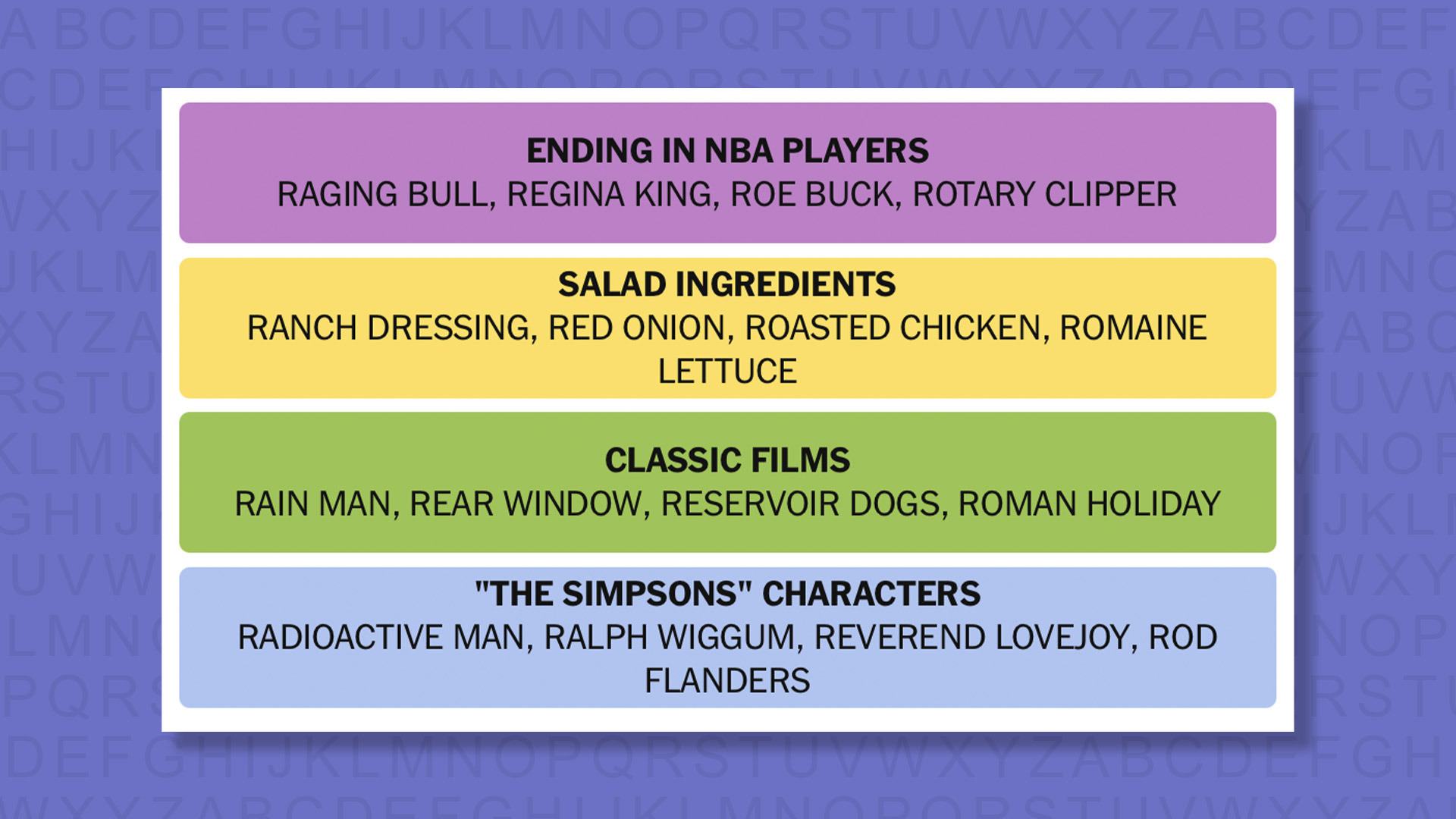 NYT Connections answers for game 1051 on purple background