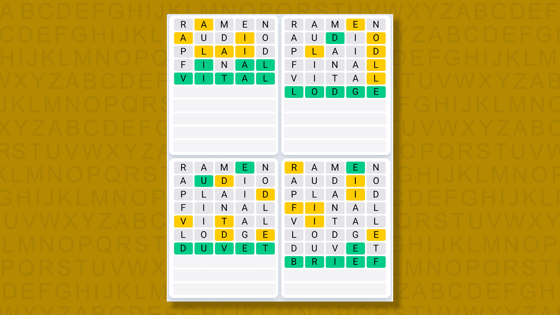 Quordle Daily Sequence answers for game 1554 on yellow background