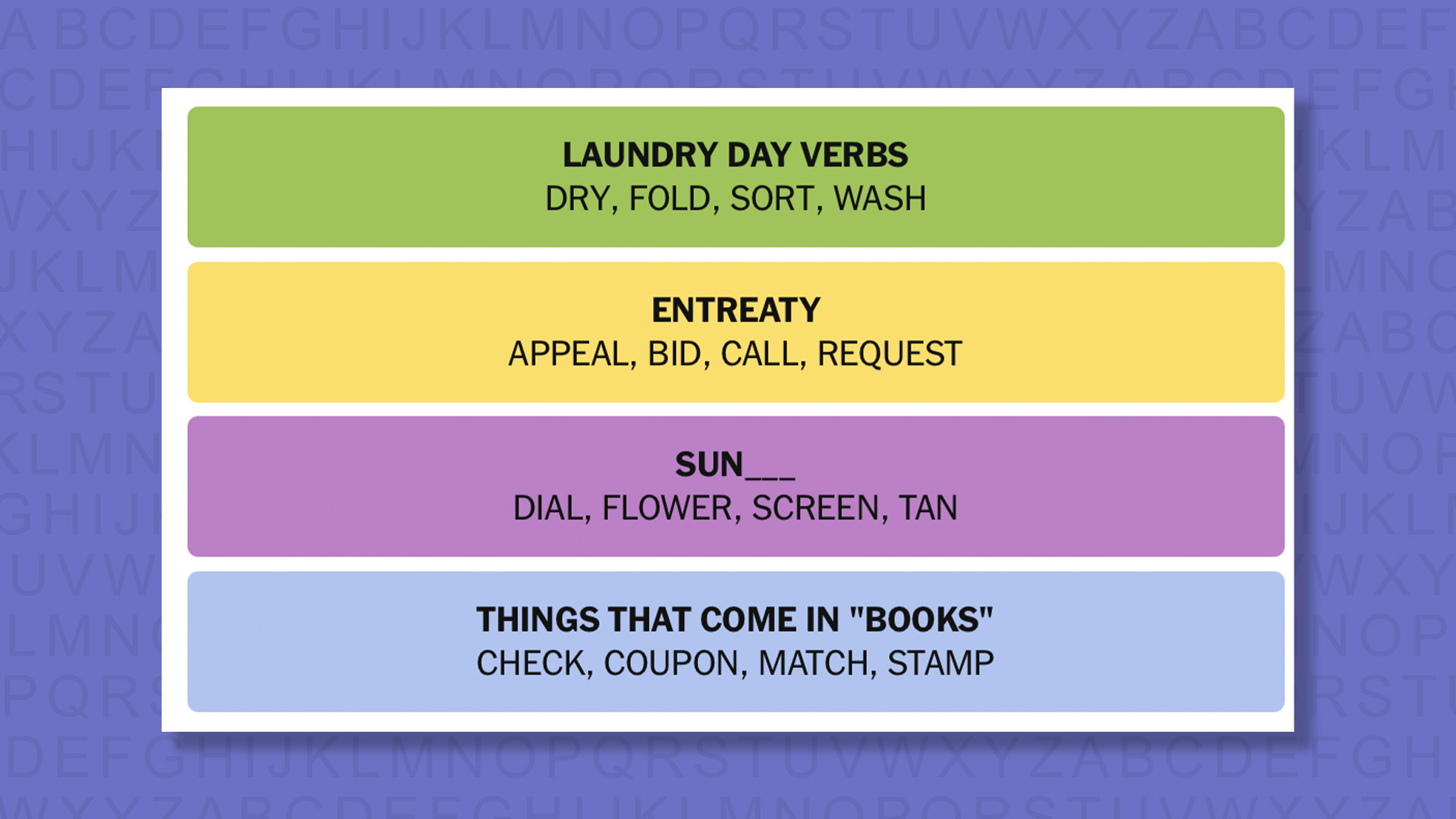 NYT Connections answers for game 1052 on purple background