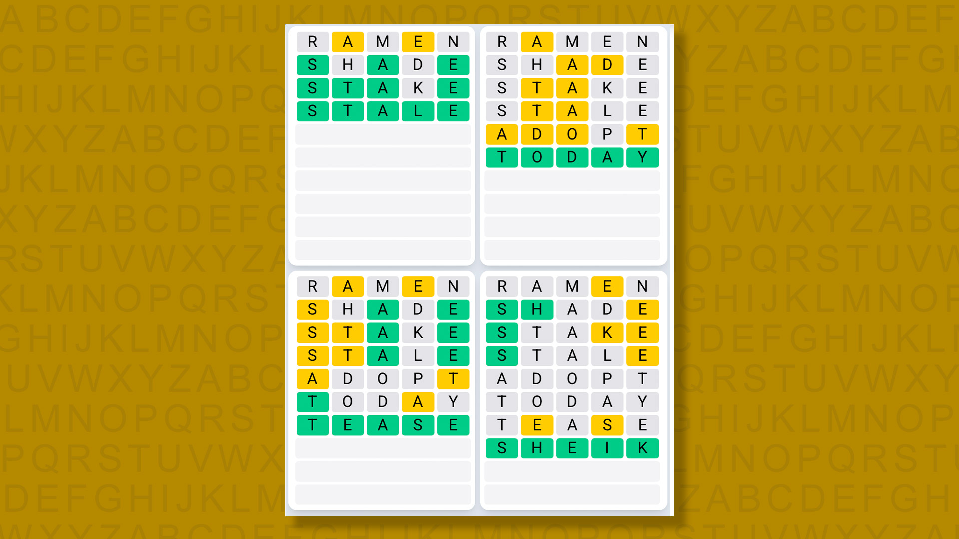 Quordle Daily Sequence answers for game 1555 on yellow background