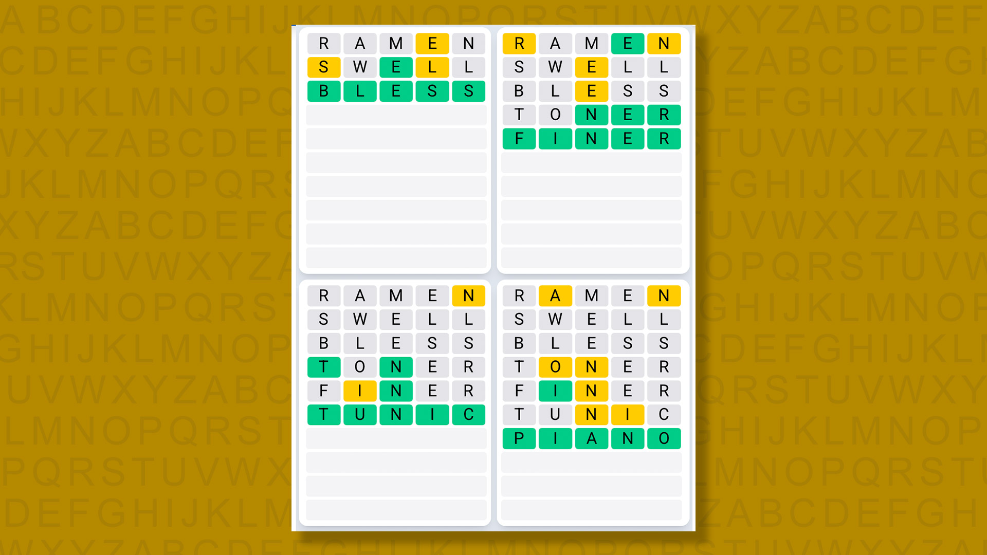 Quordle Daily Sequence answers for game 1556 on yellow background