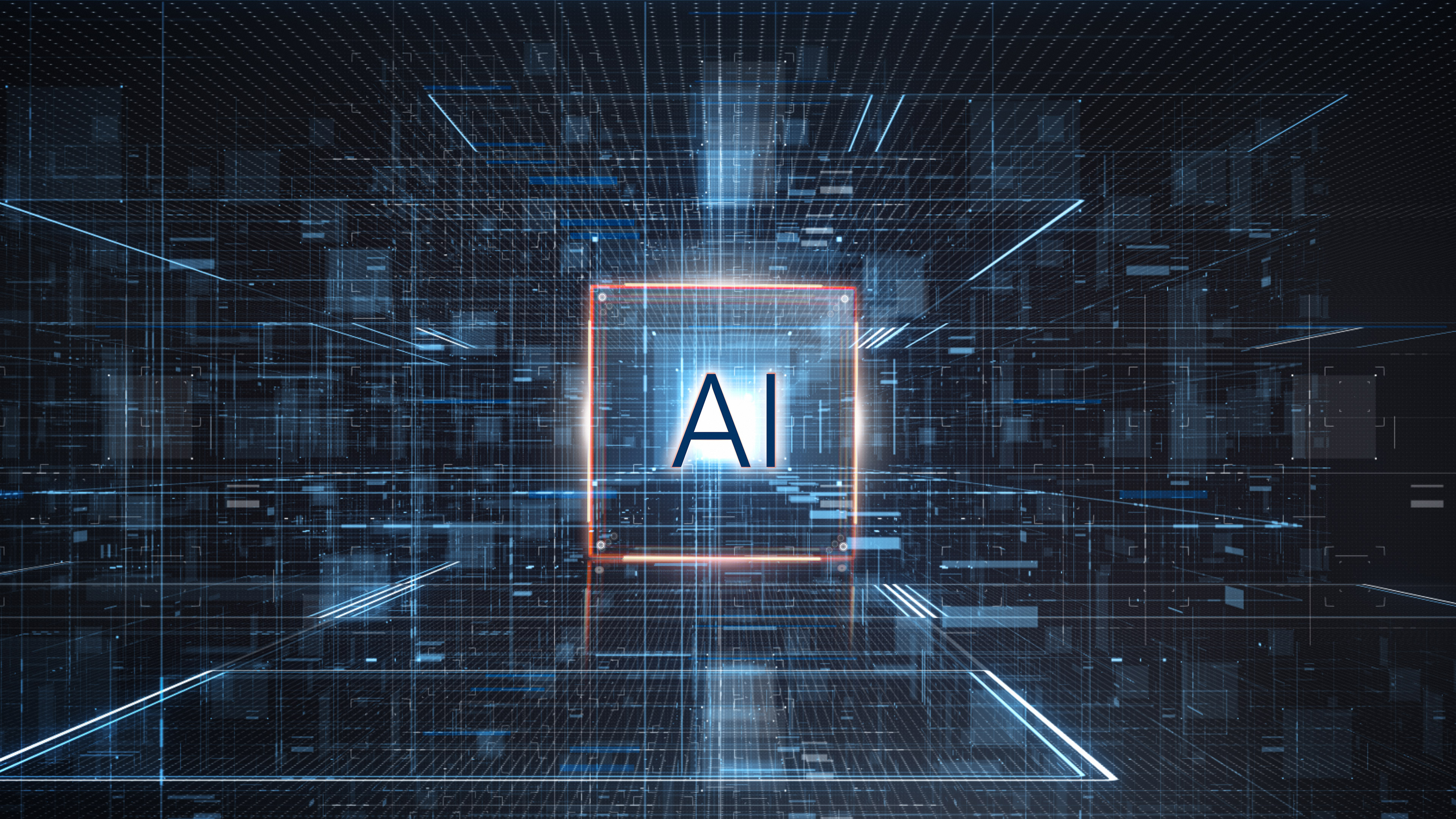 The letters AI in a box in the middle of a vast digital room divided by bundles of lines