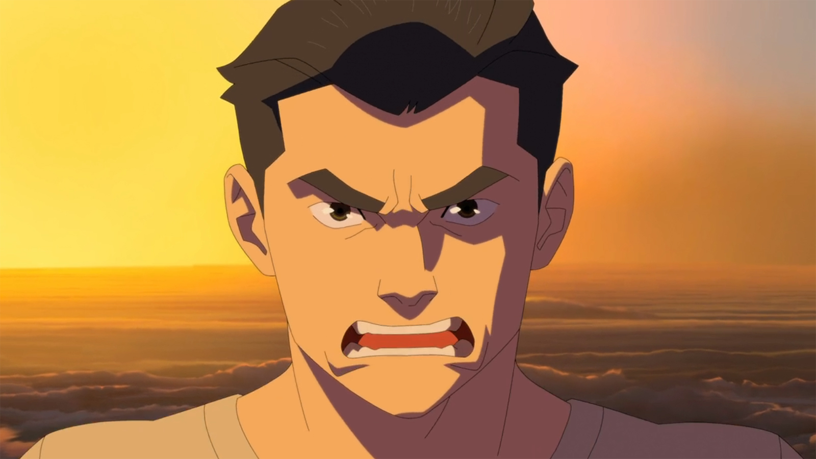 A close-up of a furious Mark at sunset in Invincible season 4 episode 8