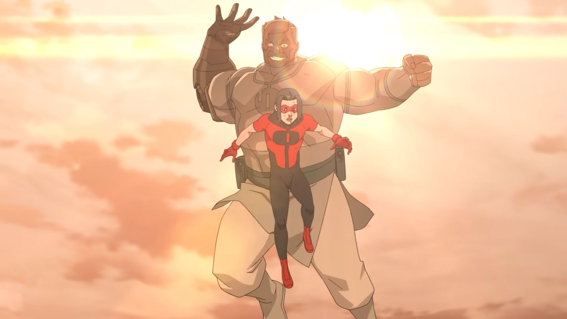 Conquest appearing behind Oliver and preparing to strike him in Invincible Season 4 Episode 5