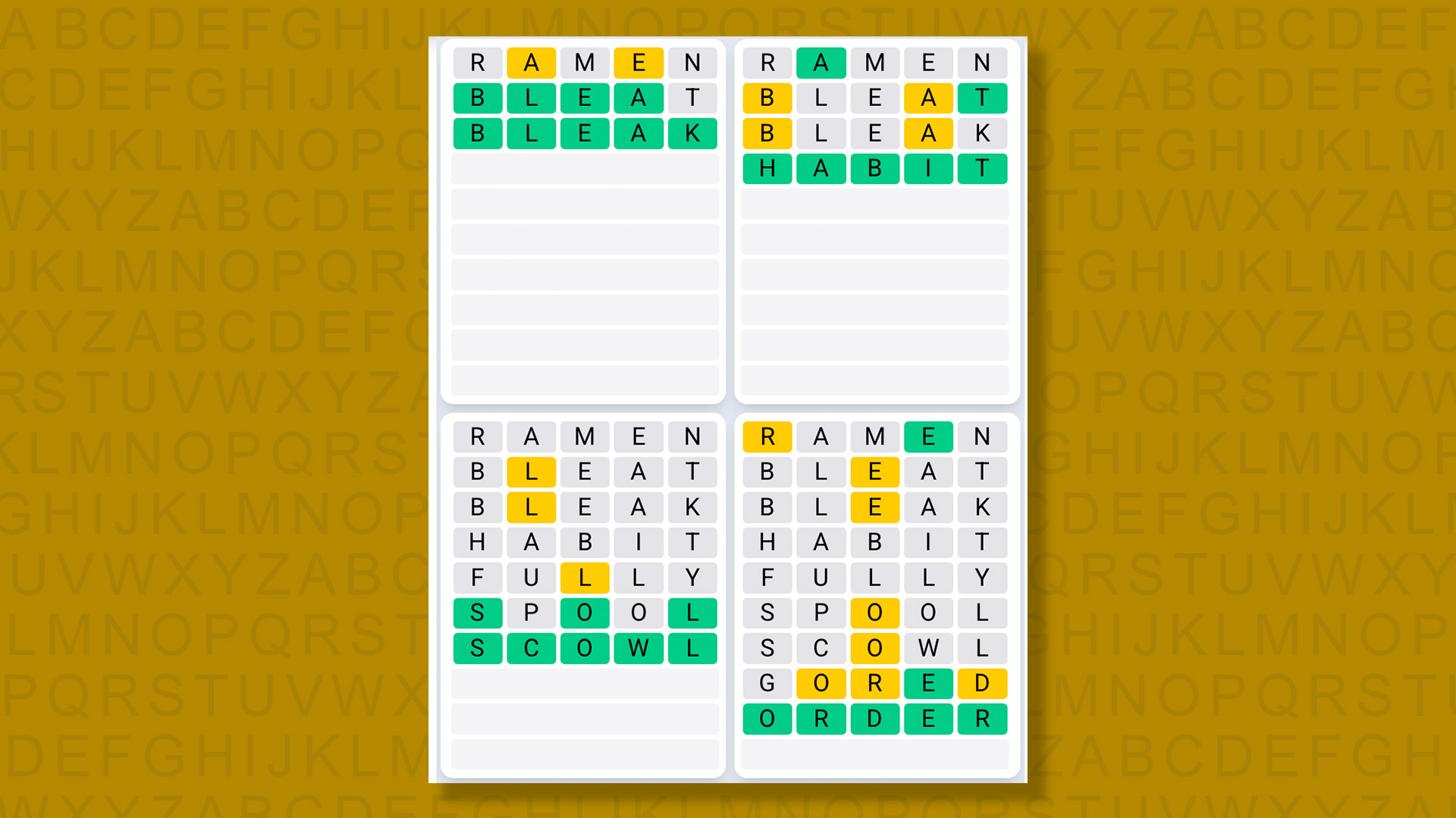 Quordle Daily Sequence answers for game 1558 on yellow background
