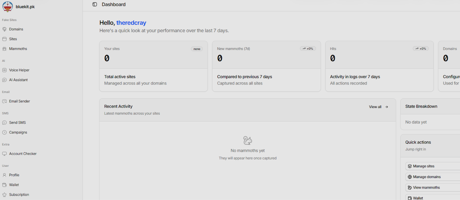 A screenshot of the Bluekit dashboard, showing the centralized panel an attacker would see when launching or monitoring a campaign.