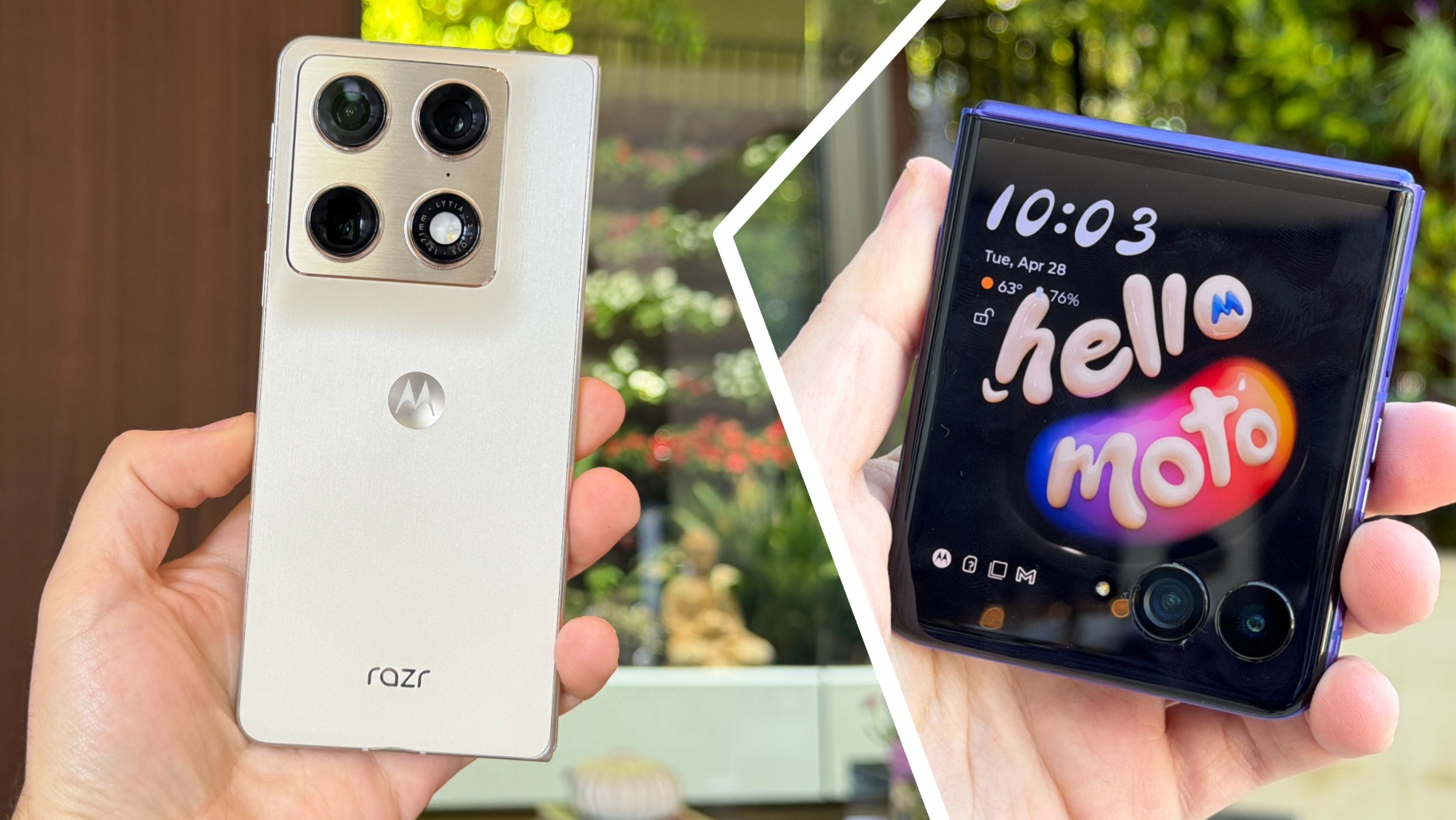 The hand-held Motorola Razr Fold and Razr Ultra 2026
