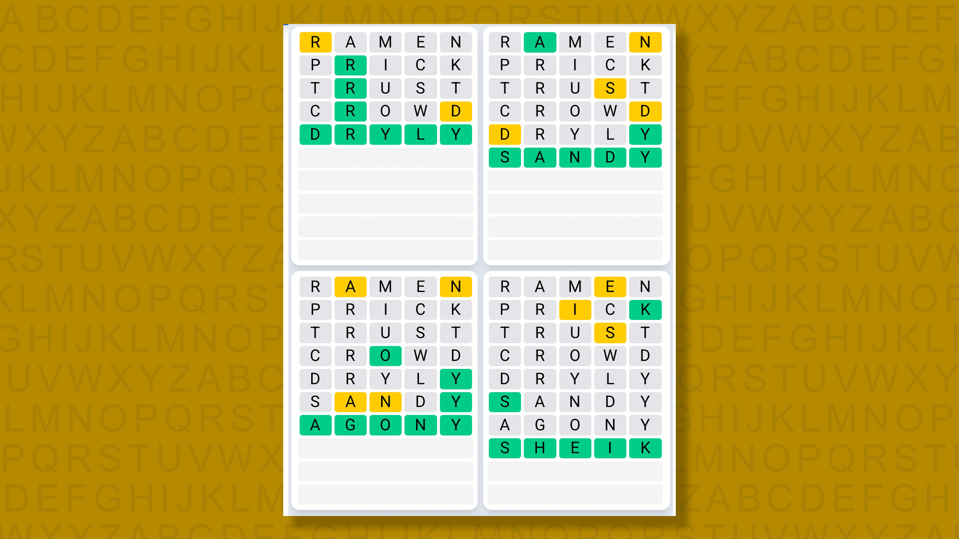 Quordle Daily Sequence answers for game 1566 on yellow background