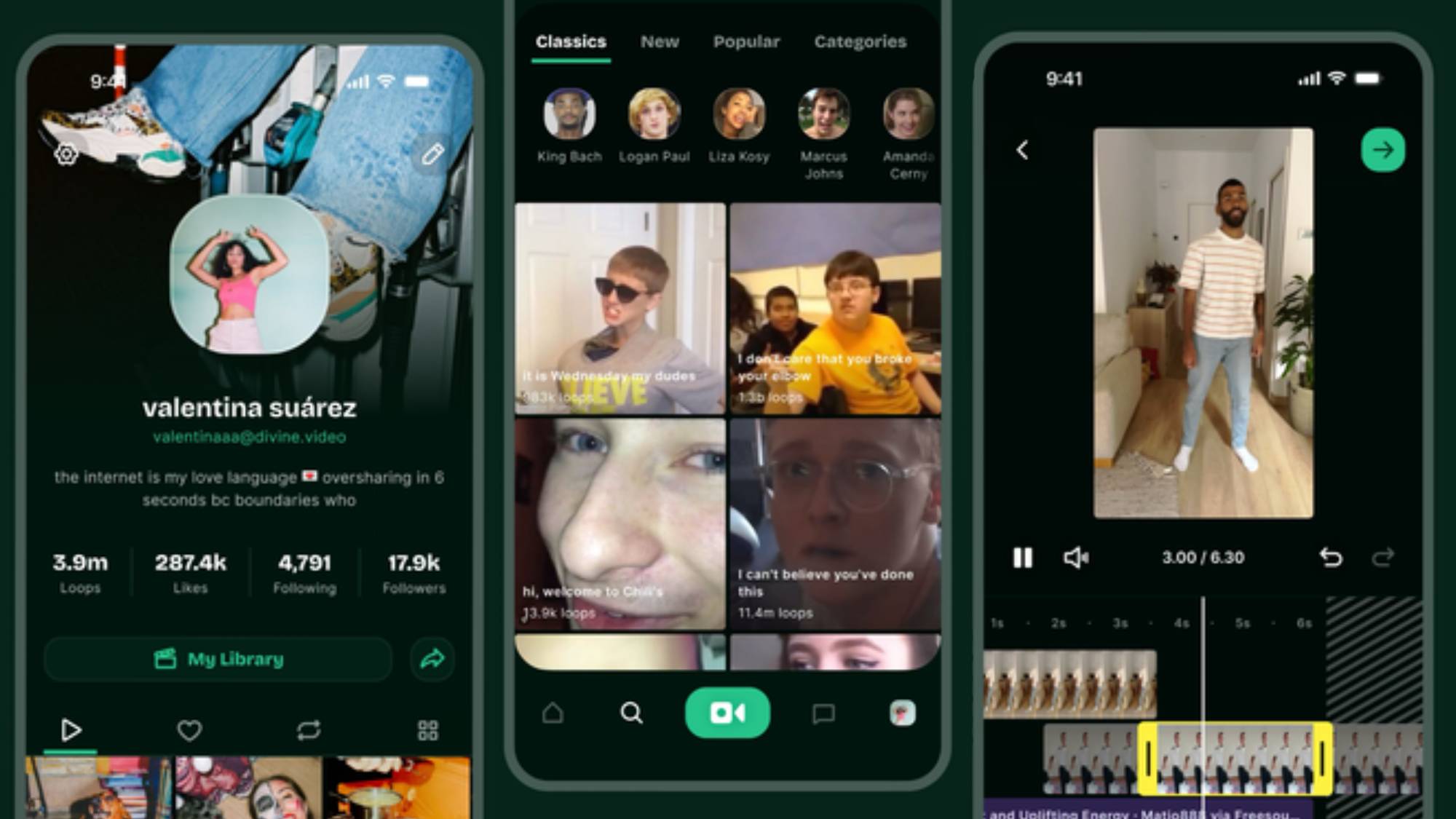 Three smartphones displaying the revamped Vine app