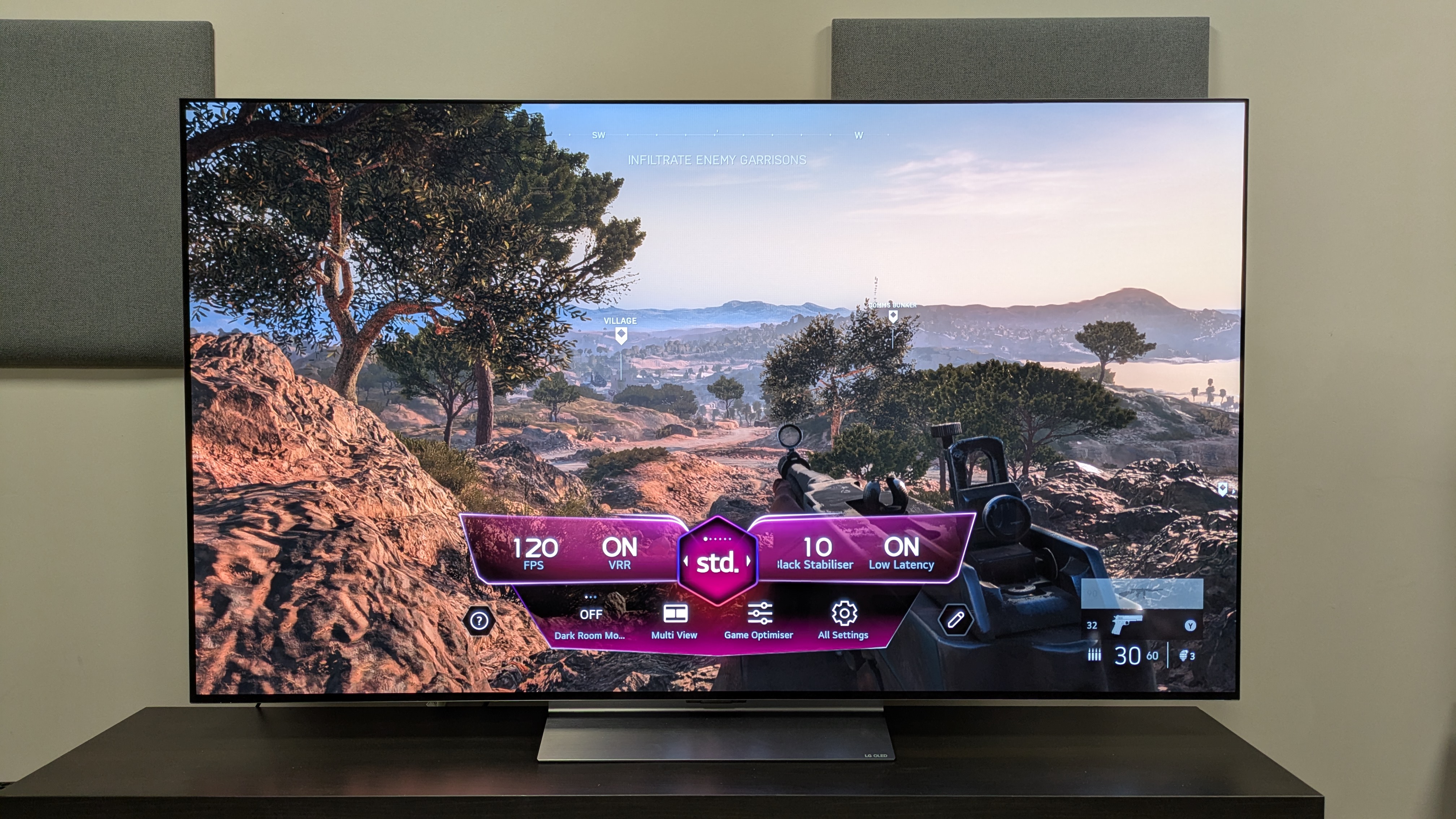 LG C6 OLED TV with Battlefield V dashboard and on-screen Game Optimizer