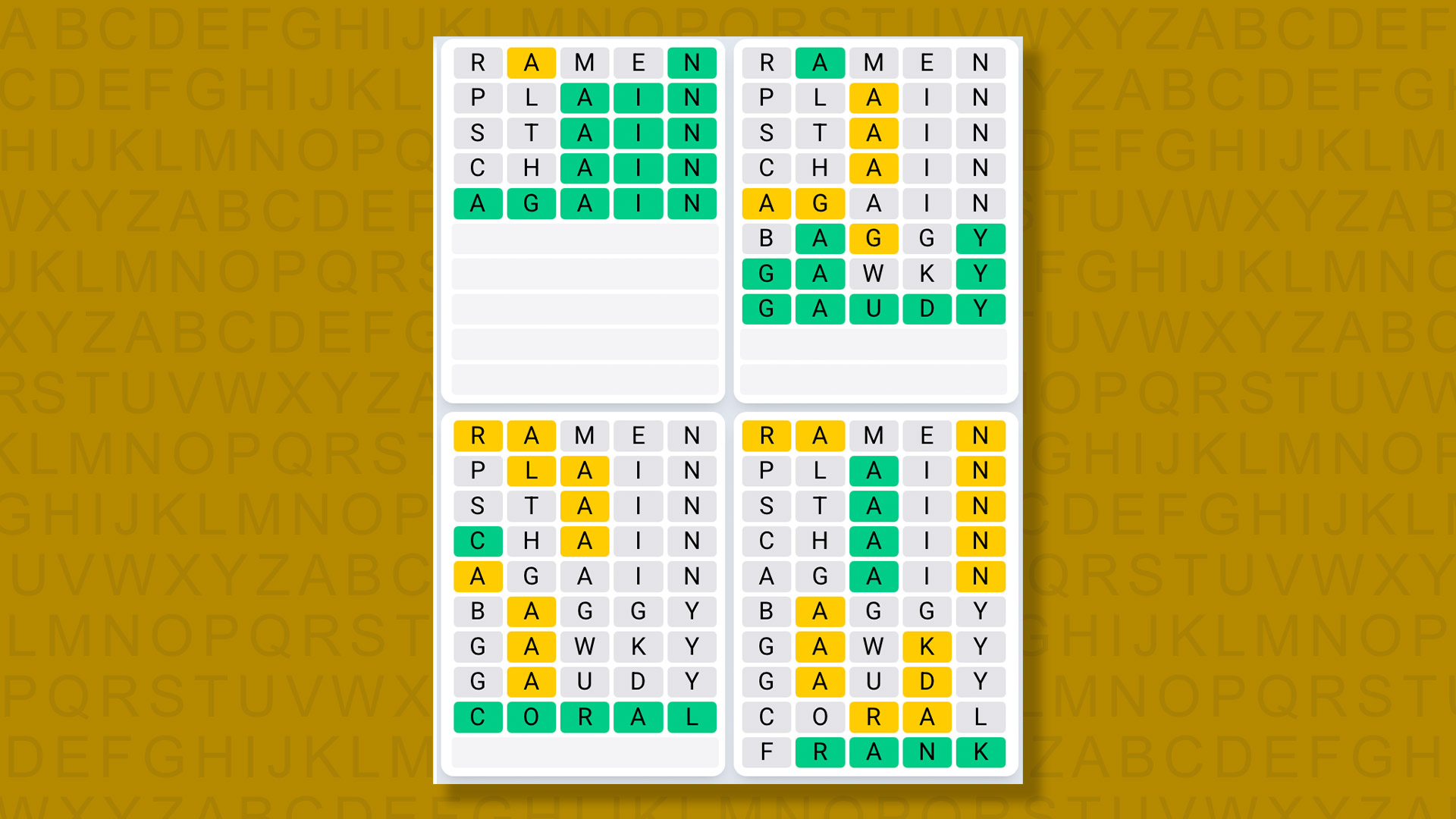 Quordle Daily Sequence answers for game 1568 on yellow background