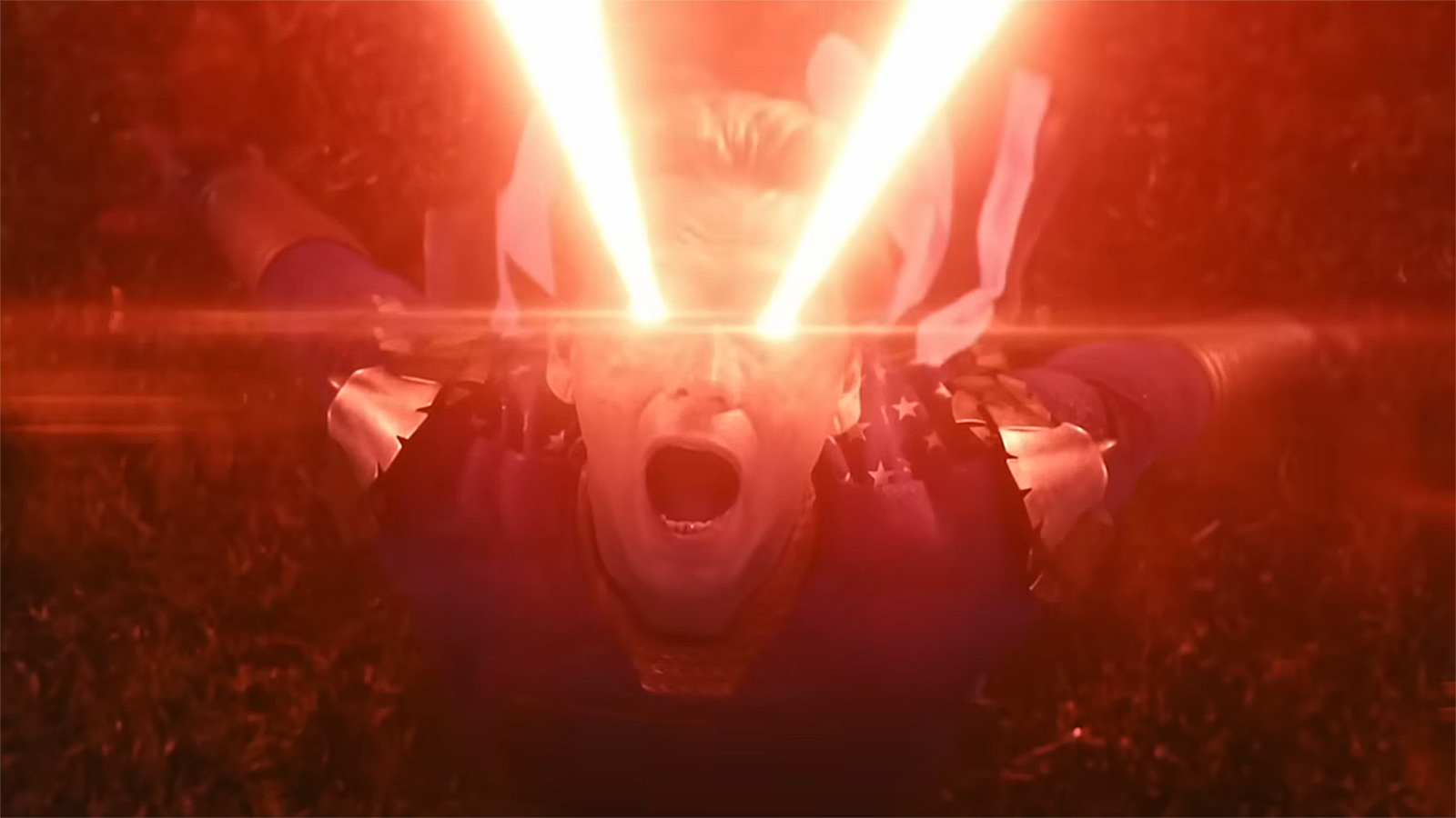 Homelander shooting lasers with his eyes and open mouth at night in The Boys season 5 episode 6