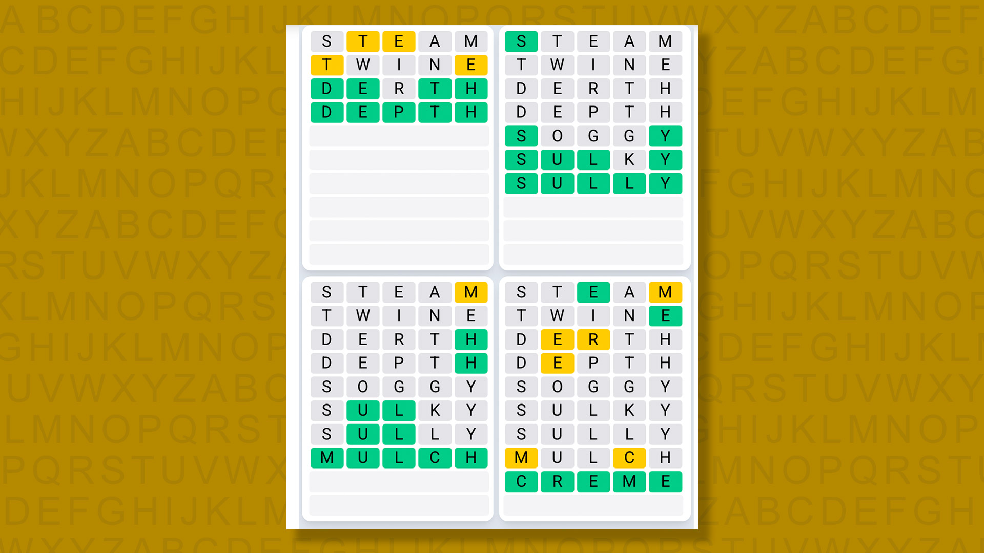 Quordle Daily Sequence answers for the game 1570 on yellow background