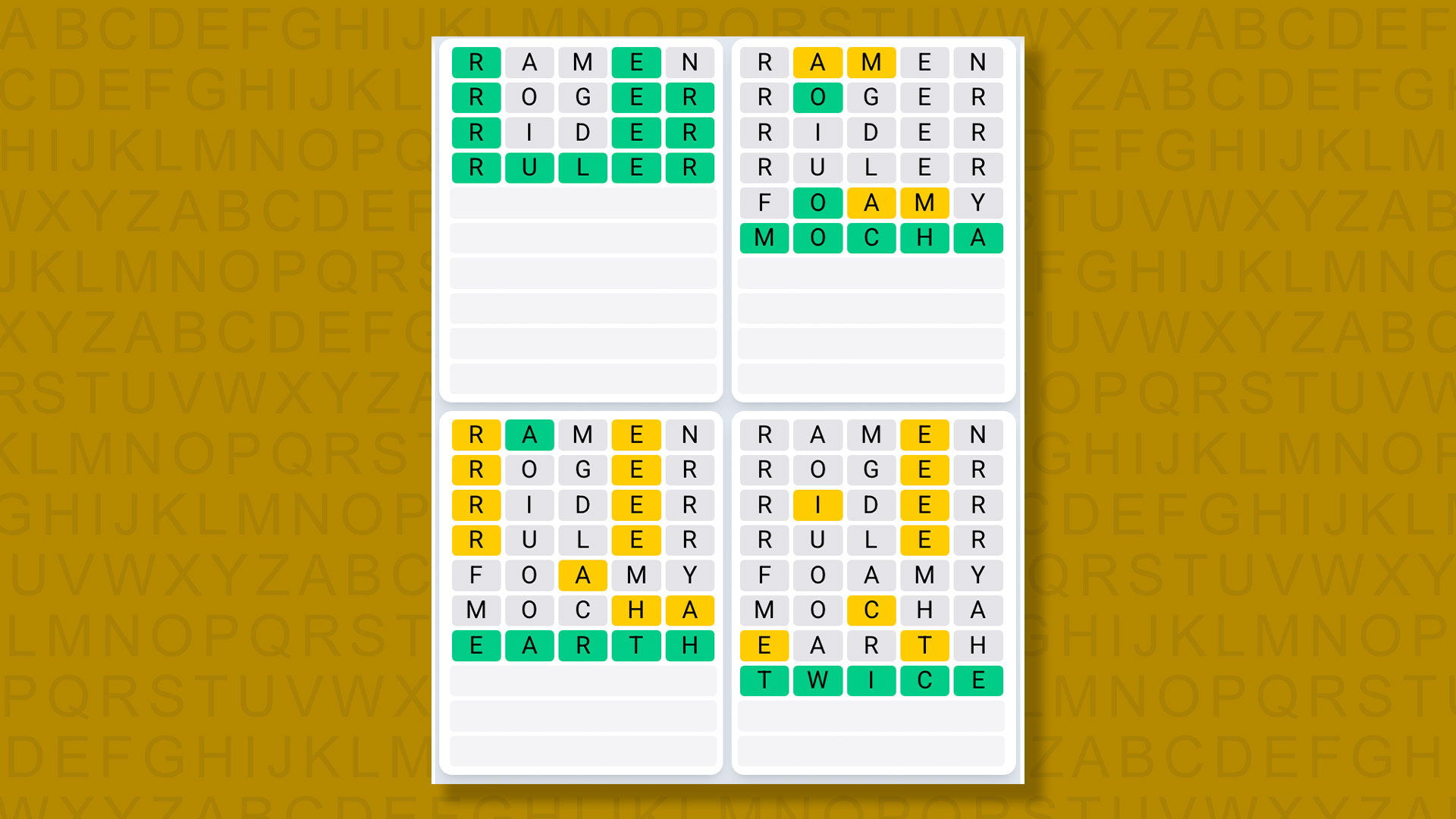 Quordle Daily Sequence answers for game 1571 on yellow background