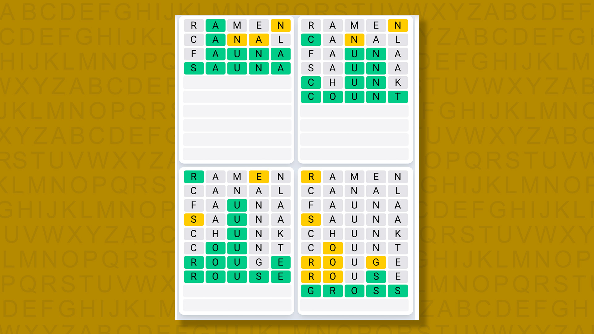 Quordle Daily Sequence answers for game 1572 on yellow background