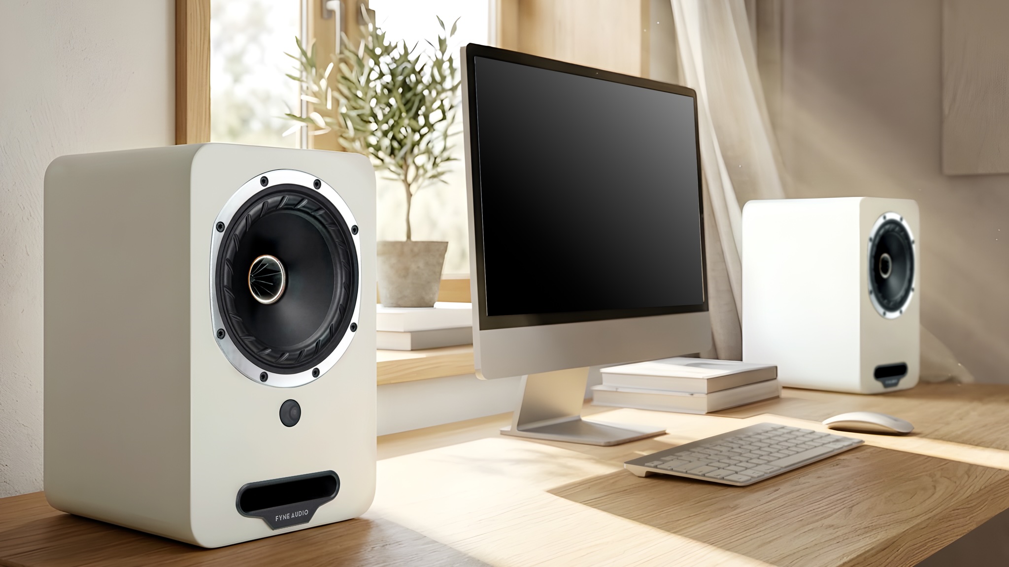 A pair of Fyne Audio Cubit 5 speakers in white on either side of an Apple iMac. They are all on a light wooden desk in front of a window on a sunny day