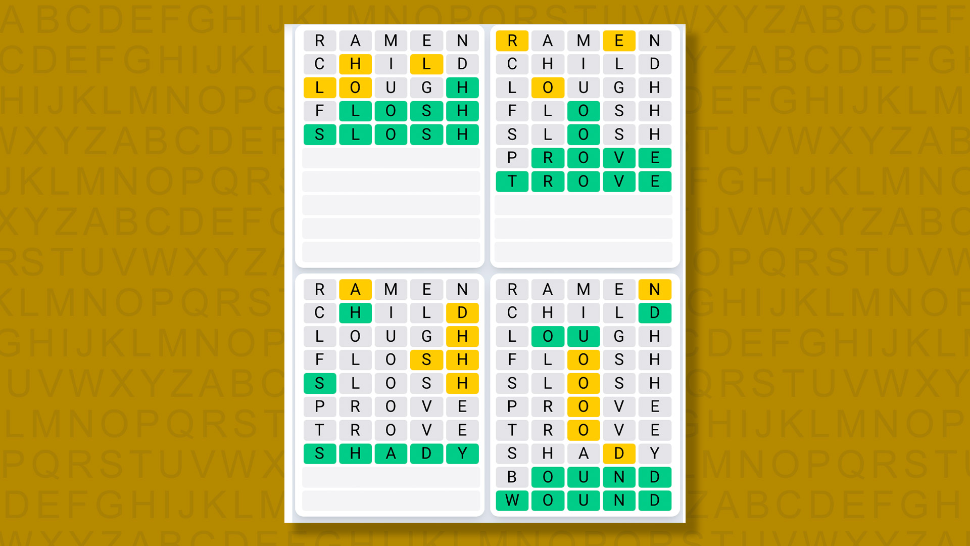 Quordle Daily Sequence answers for the game 1573 on yellow background