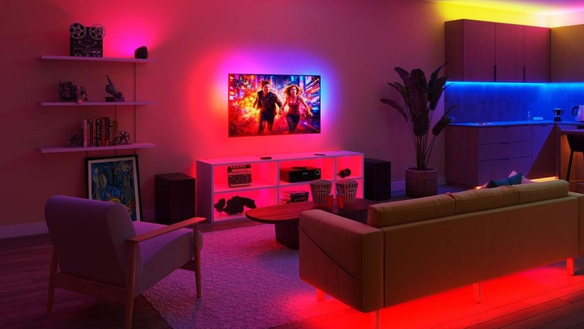 A room lit in multiple colors using various Philips Smart Lighting products, with the TV's light strip reflecting the colors on the screen