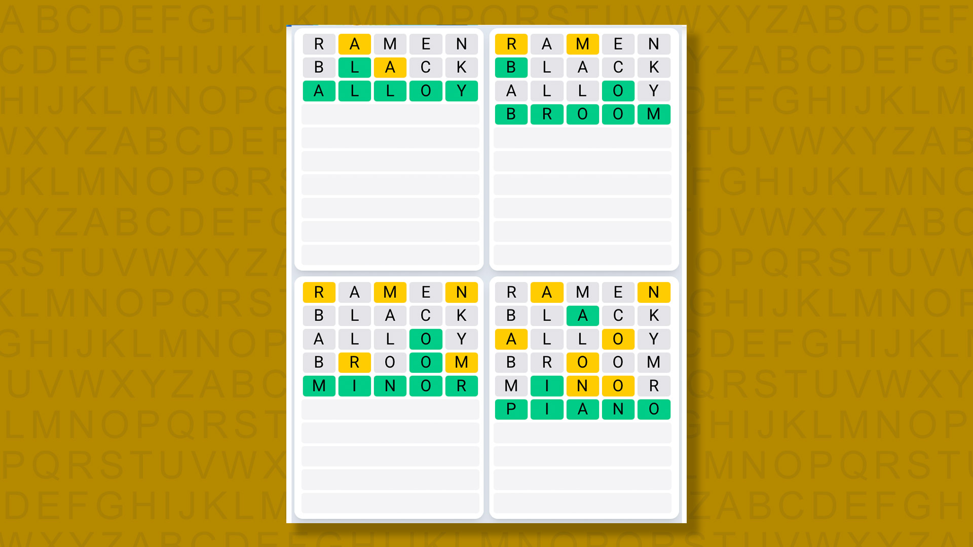 Quordle Daily Sequence answers for the game 1574 on yellow background