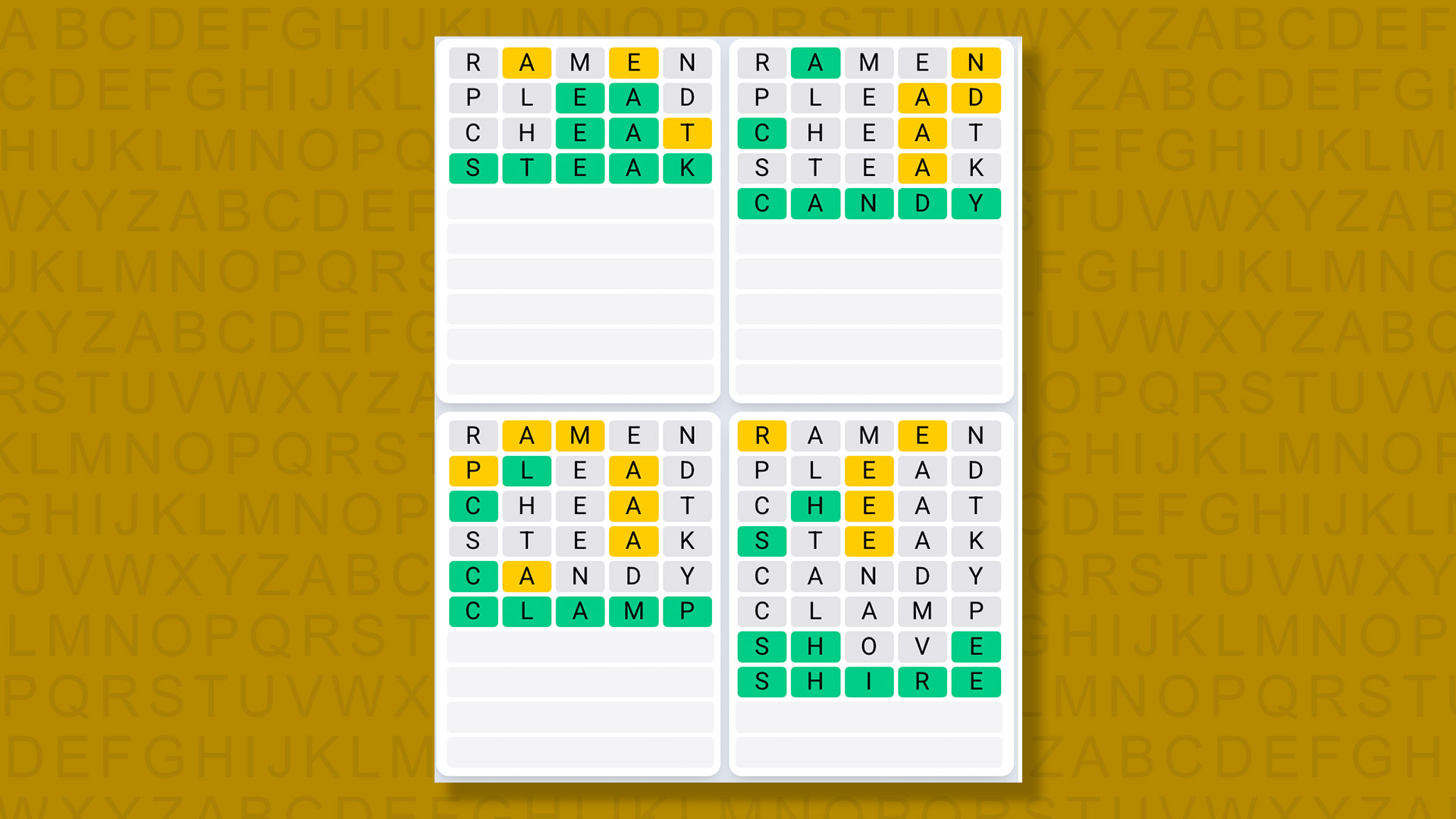 Quordle Daily Sequence answers for the game 1575 on yellow background