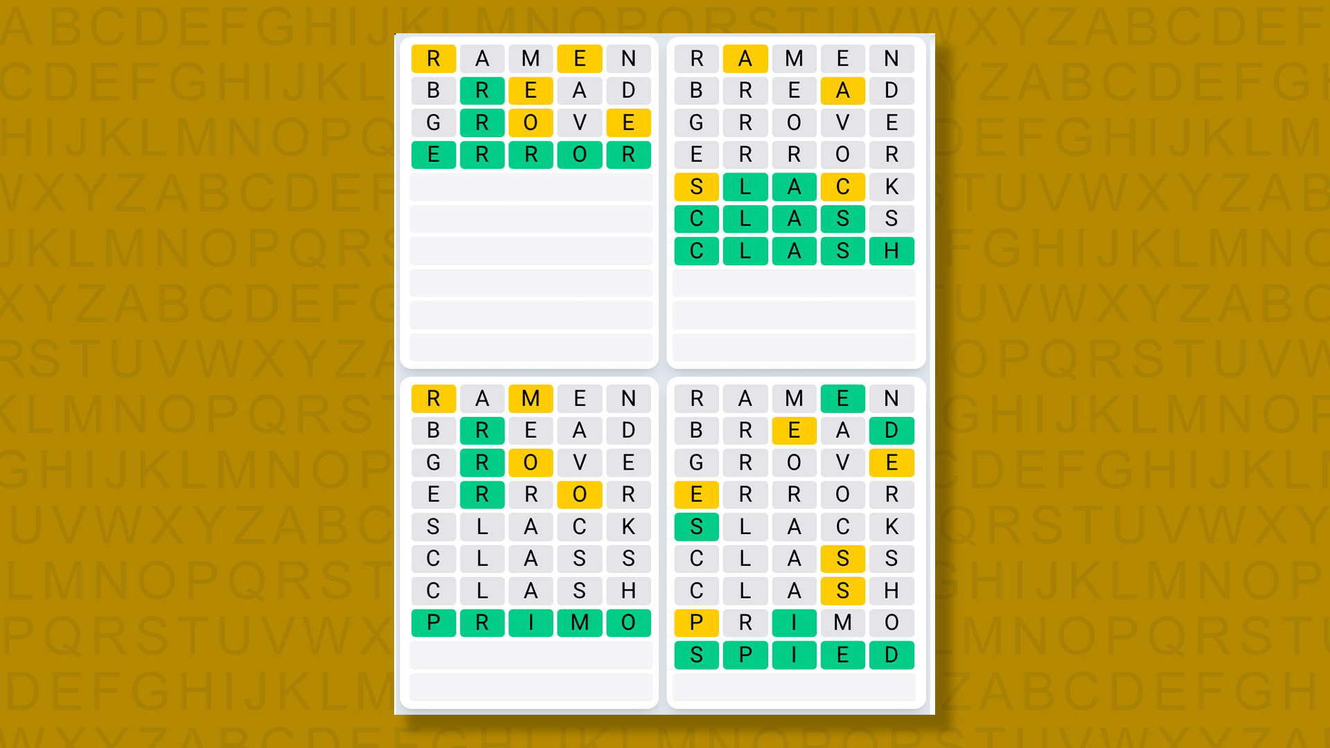 Quordle Daily Sequence answers for the game 1576 on yellow background