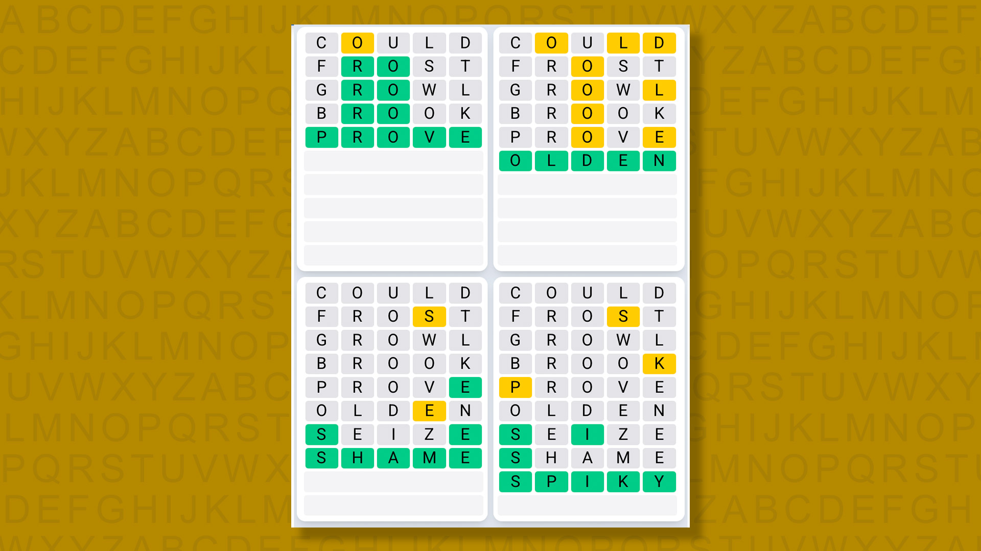 Quordle Daily Sequence answers for the game 1579 on yellow background