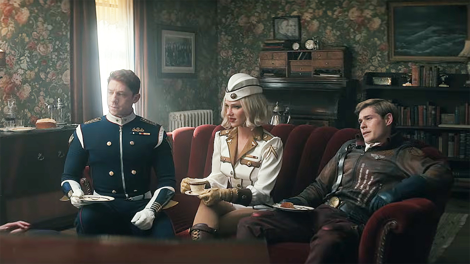 Torpedo, Private Angel and Bombsight sitting on a couch in Vought Rising